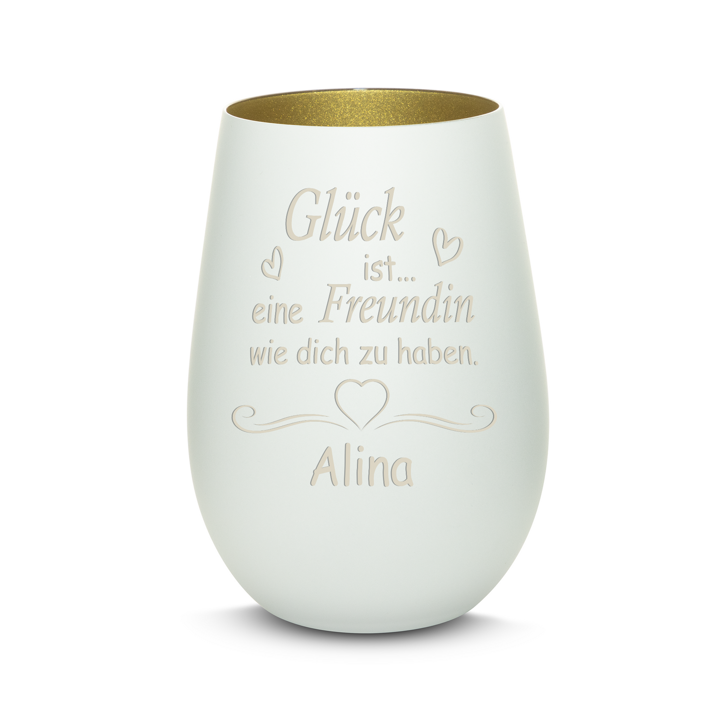 Hochwertiges Glas Windlicht mit Gravur "GLÜCK IST EINE FREUNDIN WIE DICH ZU HABEN" mit Wunschname in der Farbe Weiß/Gold