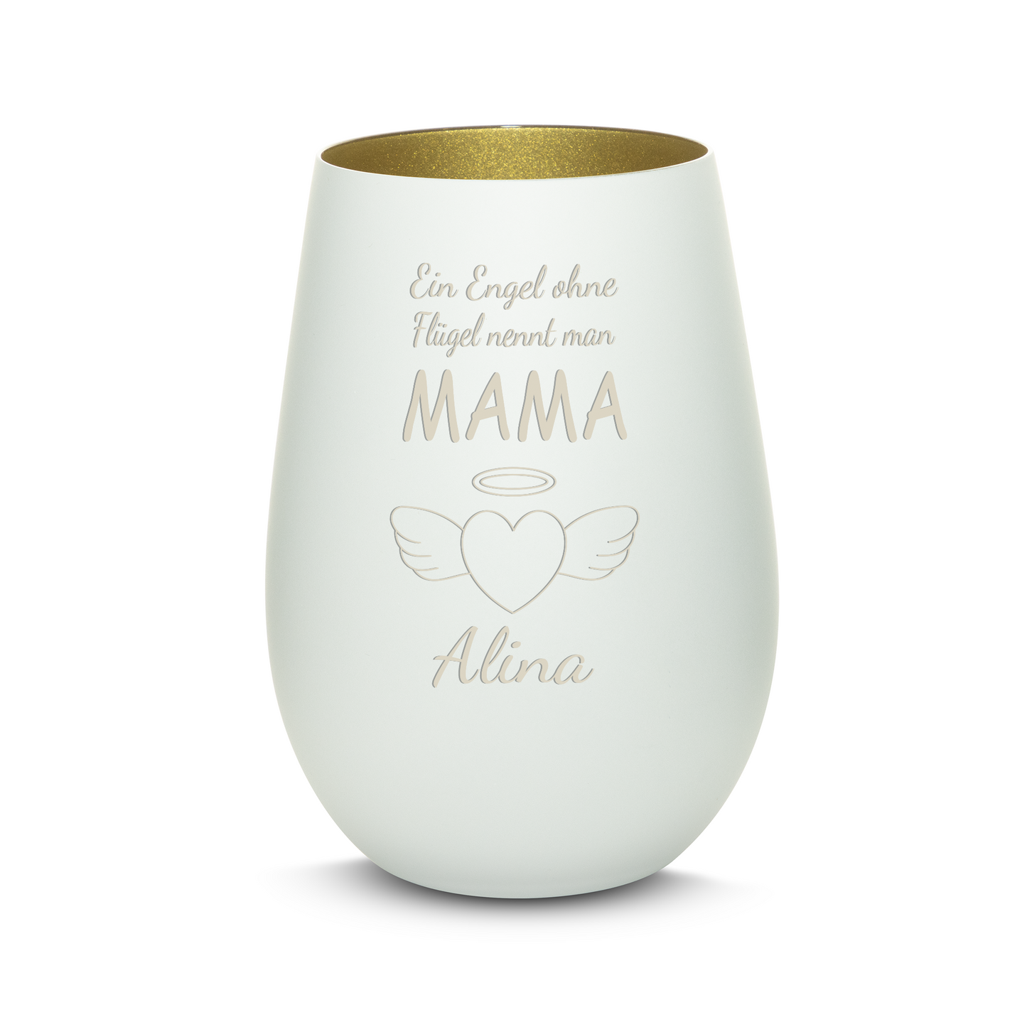 Hochwertiges Glas Windlicht mit Gravur "EIN ENGEL OHNE FLÜGEL NENNT MAN MAMA" mit Wunschname in der Farbe Weiß/Gold