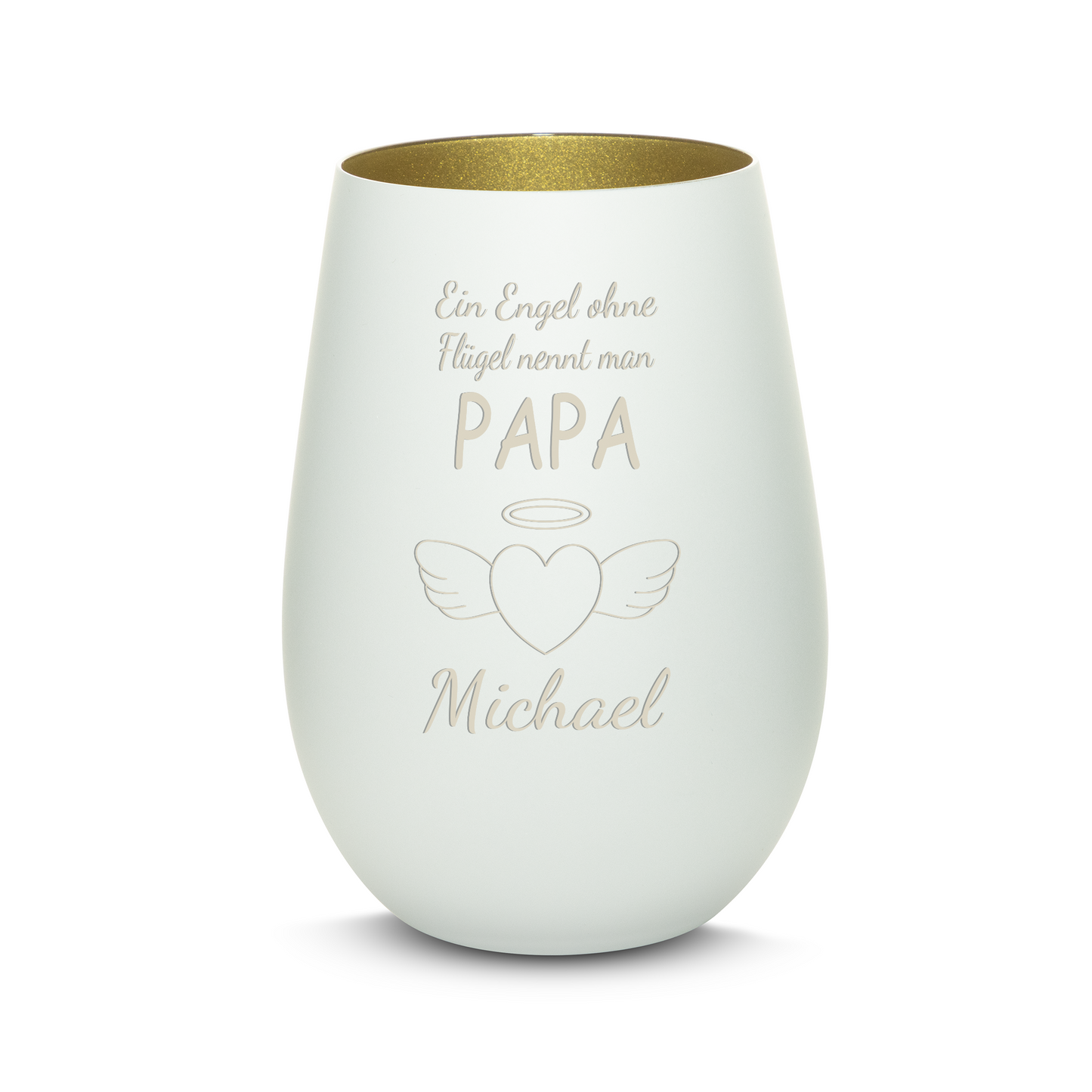 Hochwertiges Glas Windlicht mit Gravur "EIN ENGEL OHNE FLÜGEL NENNT MAN PAPA" mit Wunschname in der Farbe Weiß/Gold