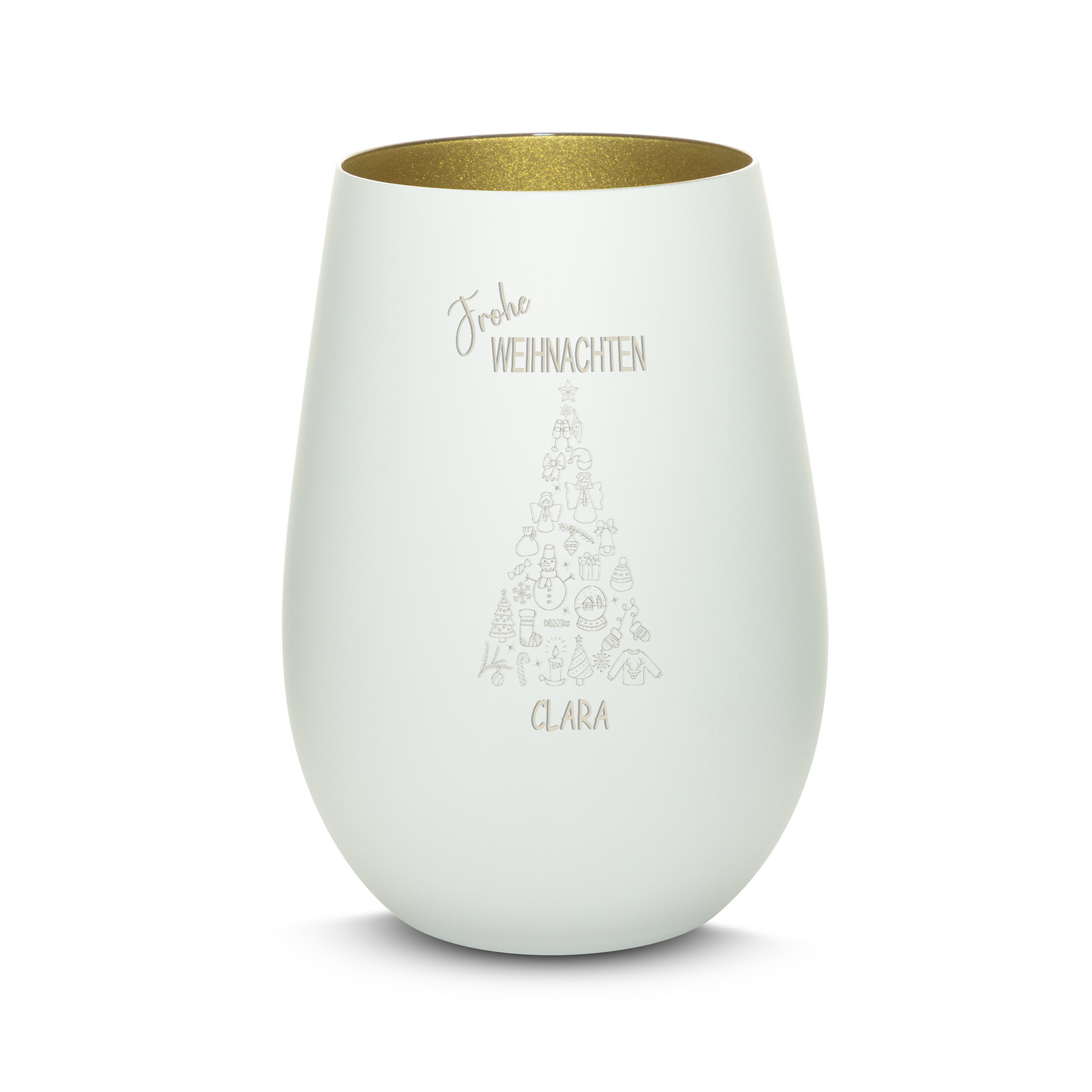 Hochwertiges Glas Windlicht mit Gravur "FROHE WEIHNACHTEN" mit Wunschname in der Farbe Weiß/Gold