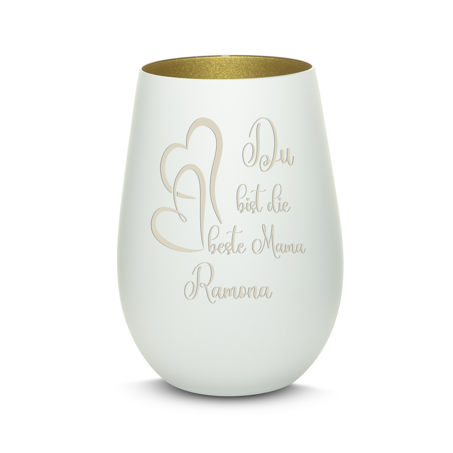Hochwertiges Glas Windlicht mit Gravur "DU BIST DIE BESTE MAMA" mit Wunschname in der Farbe Weiß/Gold