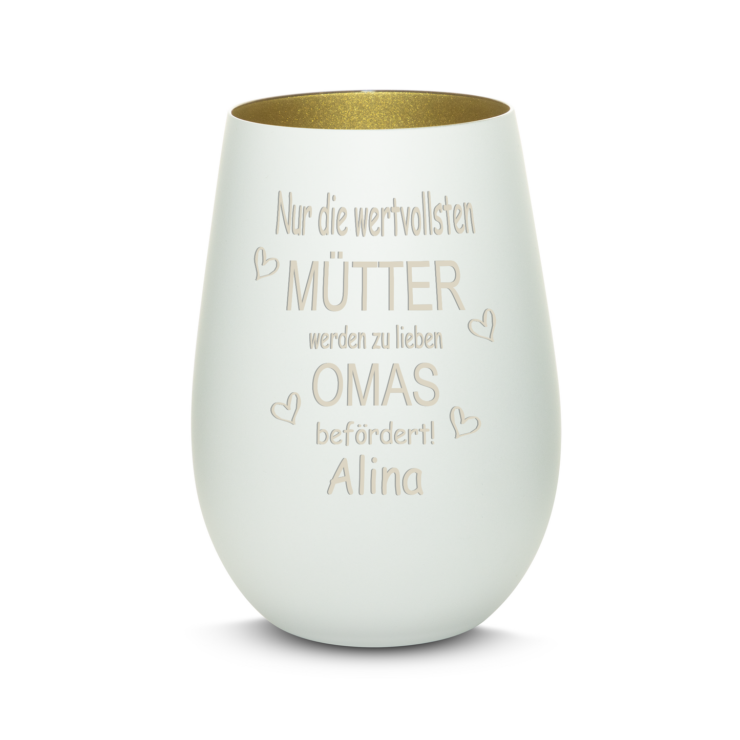 Hochwertiges Glas Windlicht mit Gravur "NUR DIE WERTVOLLSTEN MÜTTER WERDEN ZU LIEBEN OMAS" mit Wunschname in der Farbe Weiß/Gold