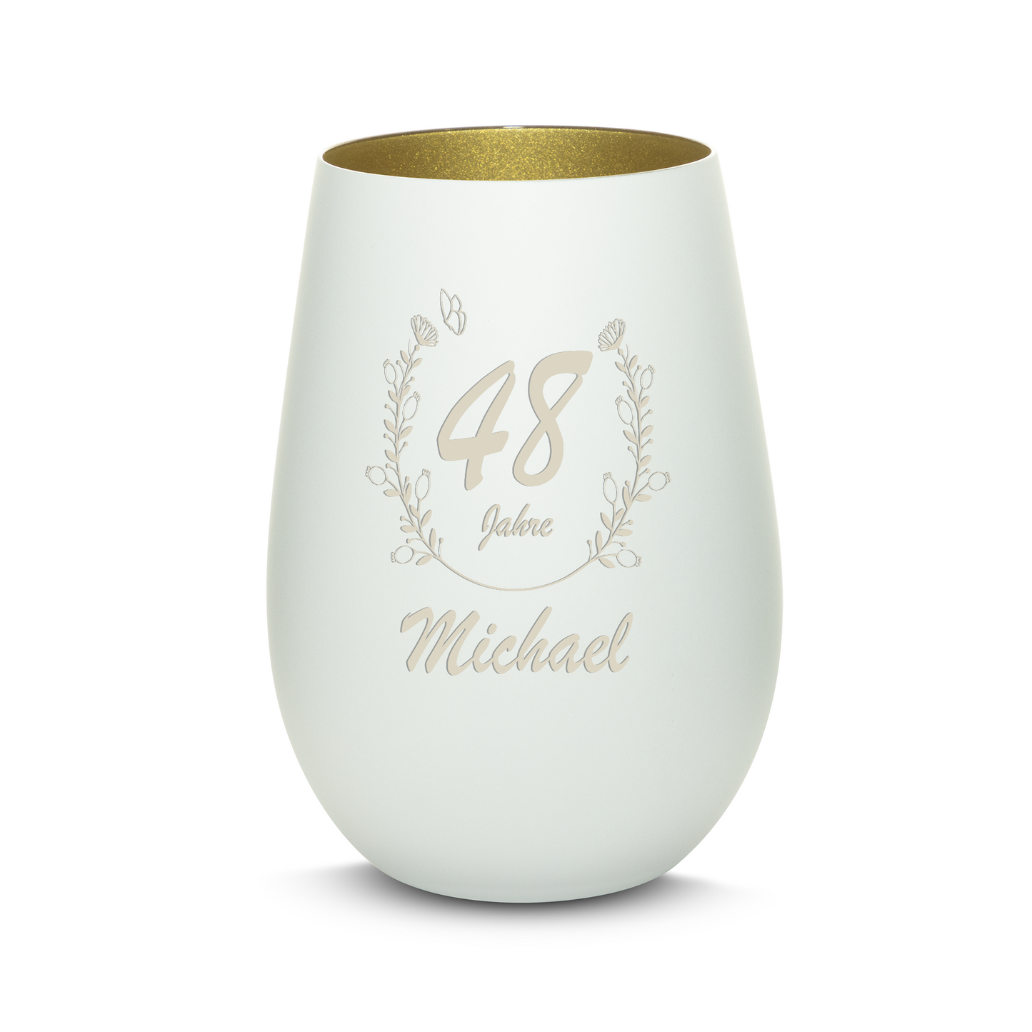 Hochwertiges Glas Windlicht mit Gravur "GEBURTSTAG MIT BLUMENKRANZ" mit Wunschnamen und Datum in der Farbe Weiß/Gold