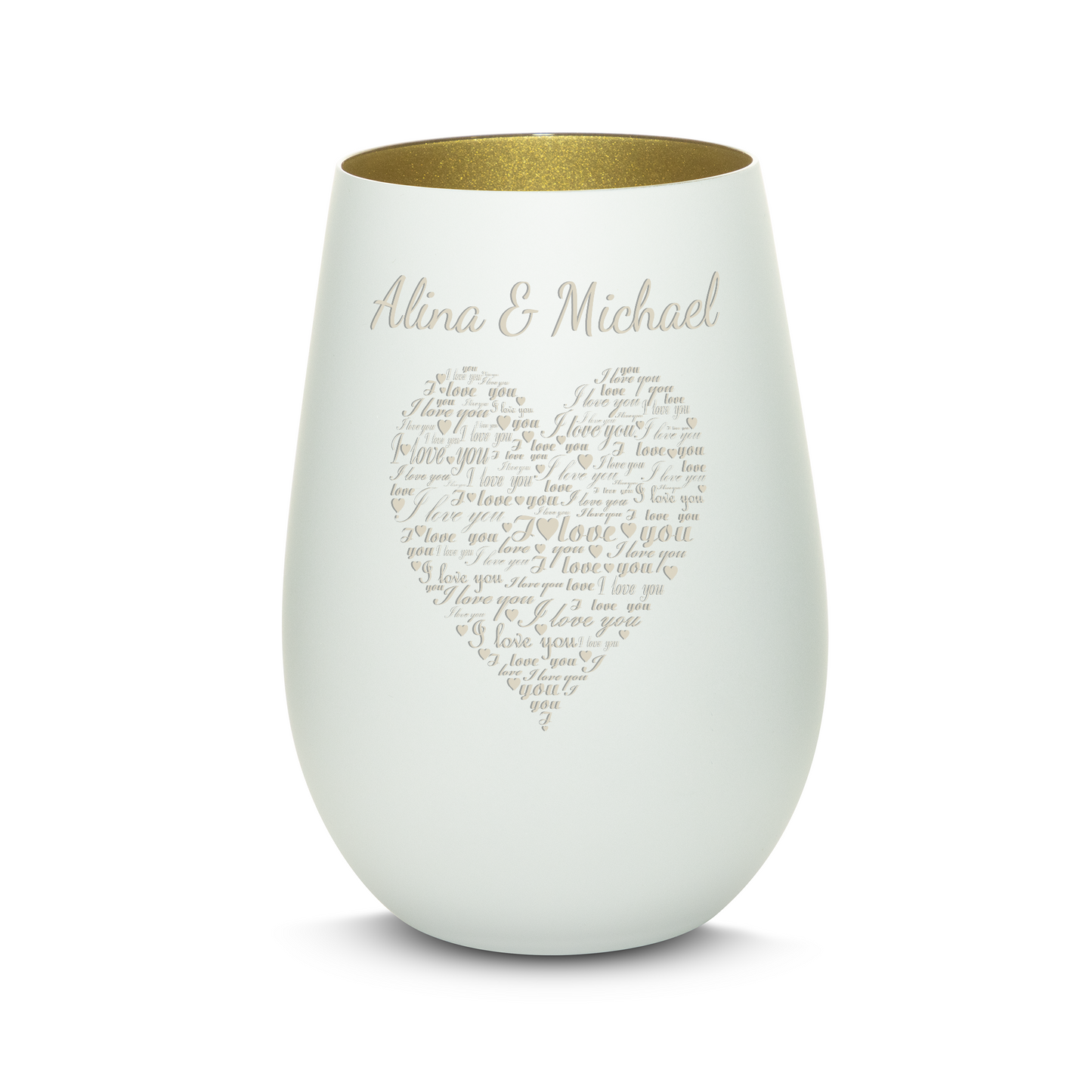 Hochwertiges Glas Windlicht mit Gravur "I LOVE YOU" mit Wunschnamen in der Farbe Weiß/Gold