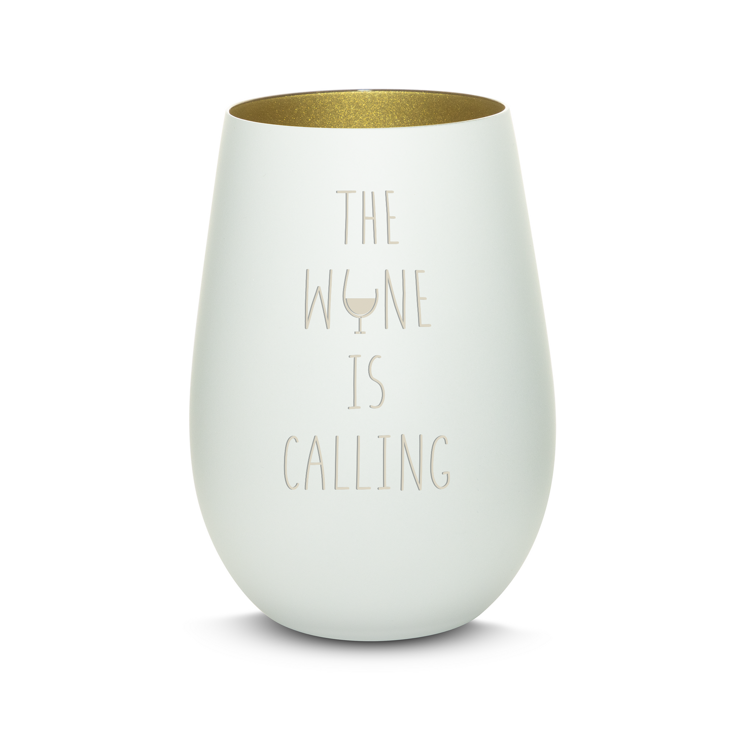 Hochwertiges Glas Windlicht mit Gravur "THE WINE IS CALLING" in der Farbe Weiß/Gold