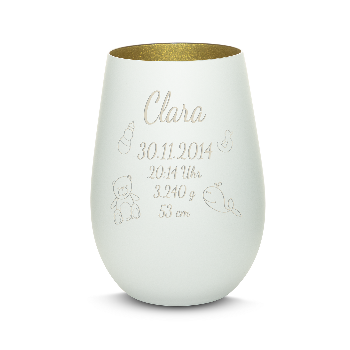 Hochwertiges Glas Windlicht mit Gravur "ZUR GEBURT" mit Wunschname und Datum in der Farbe Weiß/Gold