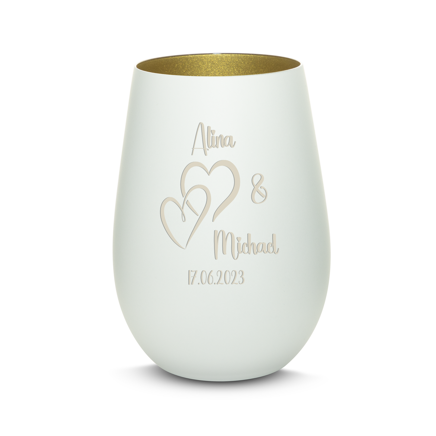 Hochwertiges Glas Windlicht mit Gravur "LIEBES WINDLICHT HERZ1" mit Wunschnamen und Datum in der Farbe Weiß/Gold