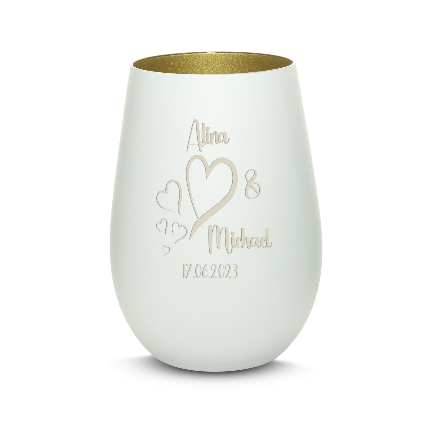 Hochwertiges Glas Windlicht mit Gravur "LIEBES WINDLICHT HERZ3" mit Wunschnamen und Datum in der Farbe Weiß/Gold