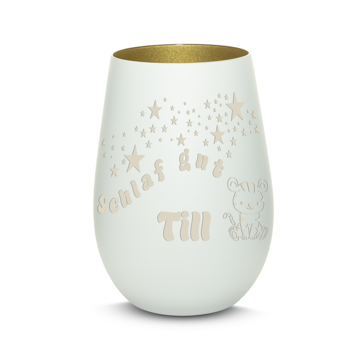 Hochwertiges Glas Windlicht für Kinder mit Gravur "SCHLAF GUT" Motiv Tiger mit Wunschname in der Farbe Weiß/Gold