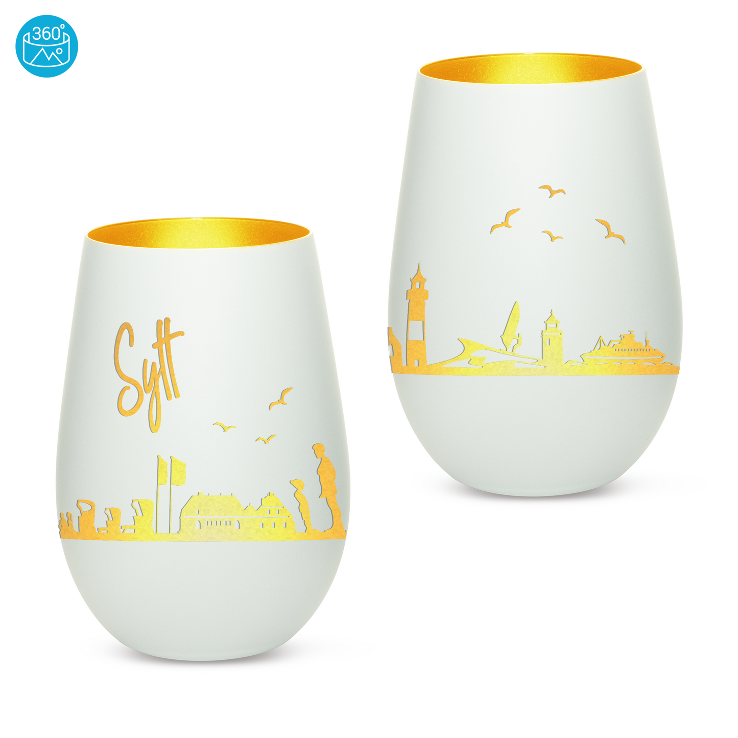 Hochwertiges Glas Windlicht mit Gravur "SKYLINE SYLT" in der Farbe Weiß/Gold