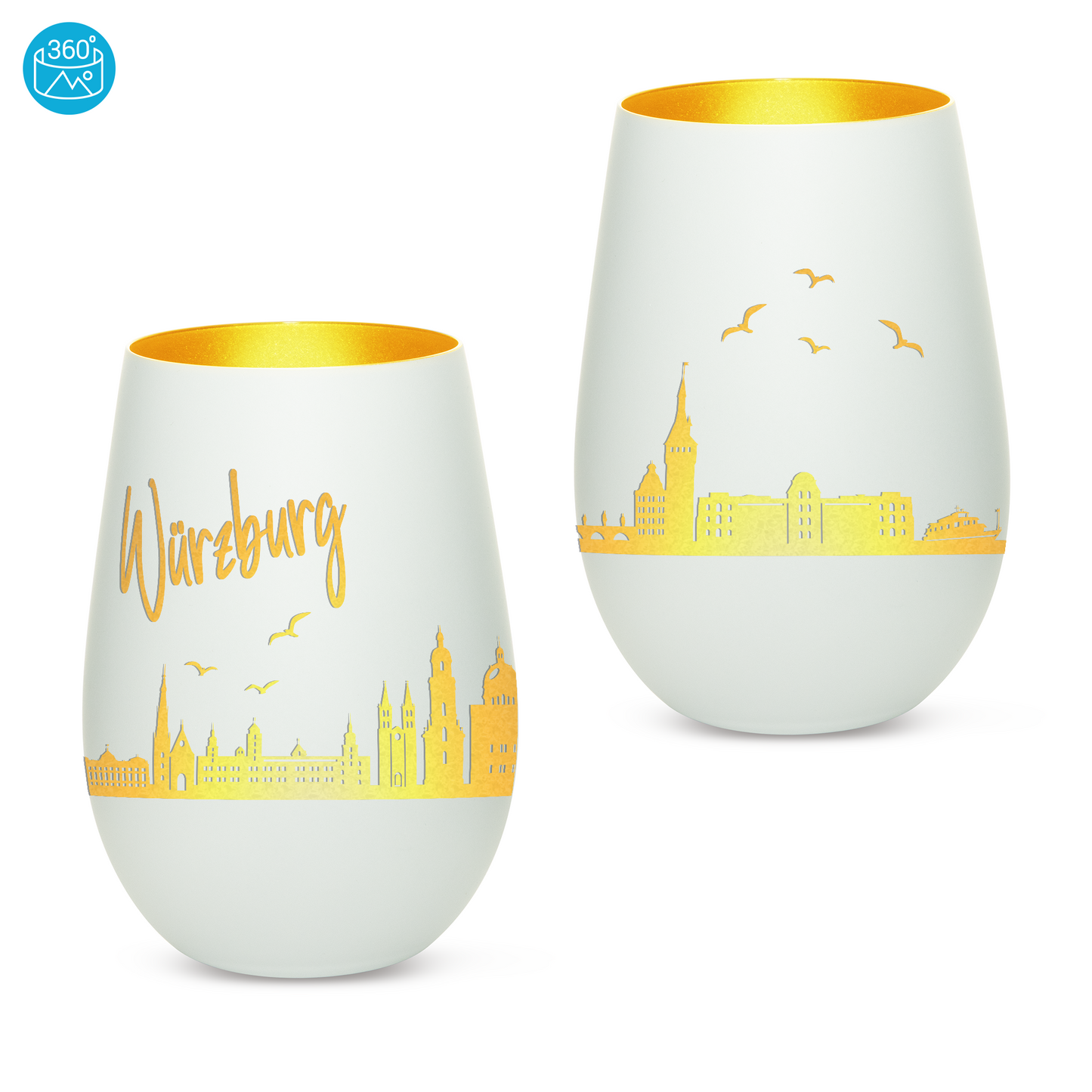 Hochwertiges Glas Windlicht mit Gravur "SKYLINE WÜRZBURG" in der Farbe Weiß/Gold