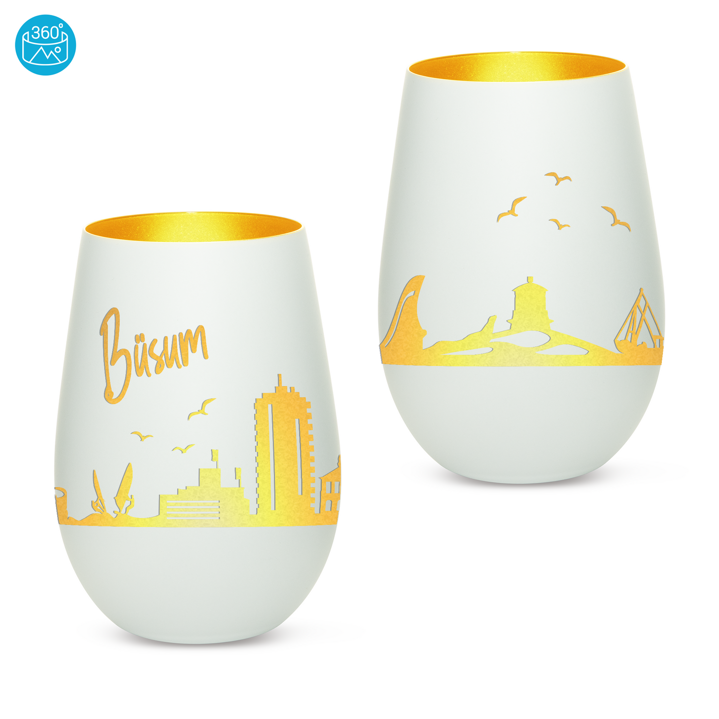 Hochwertiges Glas Windlicht mit Gravur "SKYLINE BÜSUM" in der Farbe Weiß/Gold