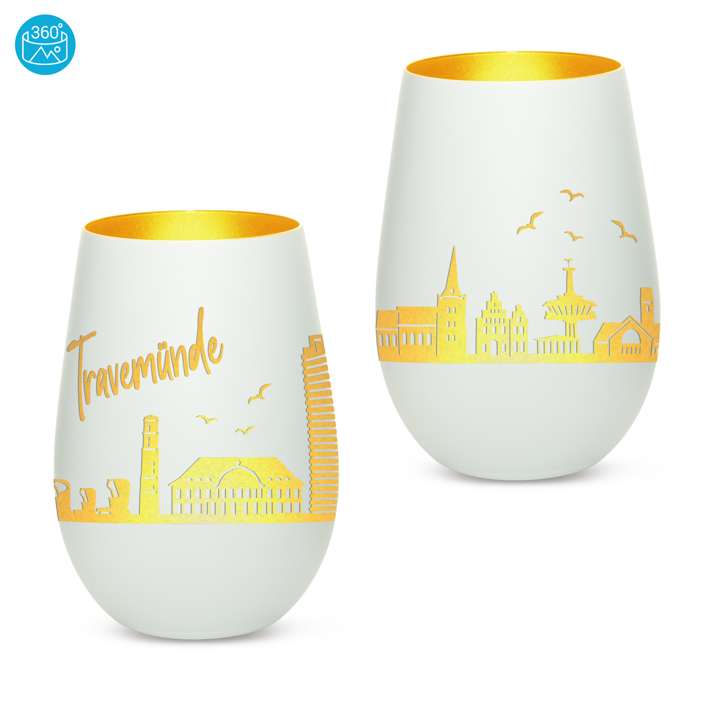 Hochwertiges Glas Windlicht mit Gravur "SKYLINE TRAVEMÜNDE" in der Farbe Weiß/Gold