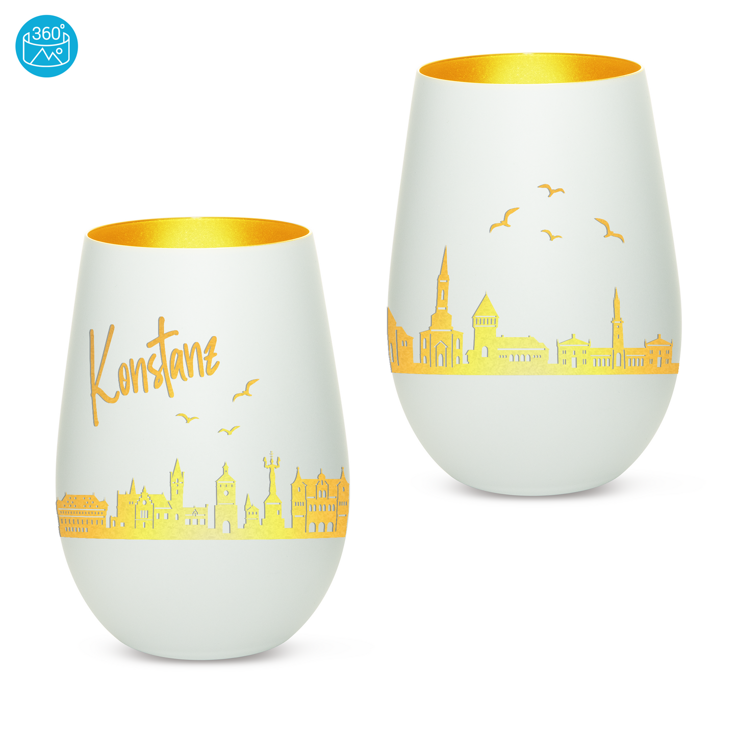 Hochwertiges Glas Windlicht mit Gravur "SKYLINE KONSTANZ" in der Farbe Weiß/Gold