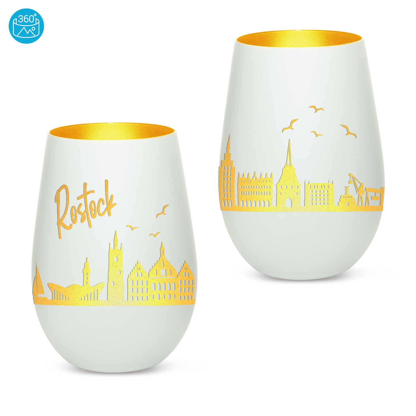 Hochwertiges Glas Windlicht mit Gravur "SKYLINE ROSTOCK" in der Farbe Weiß/Gold