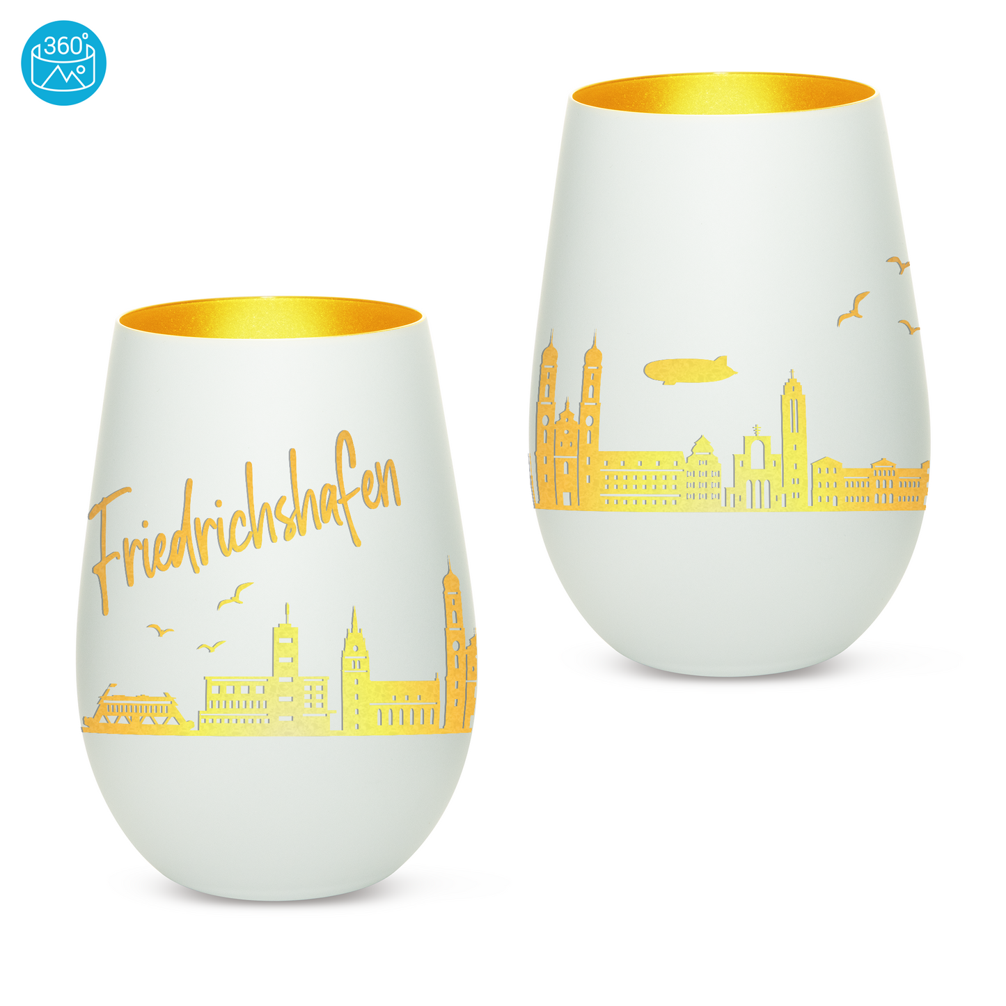 Hochwertiges Glas Windlicht mit Gravur "SKYLINE FRIEDRICHSHAFEN" in der Farbe Weiß/Gold