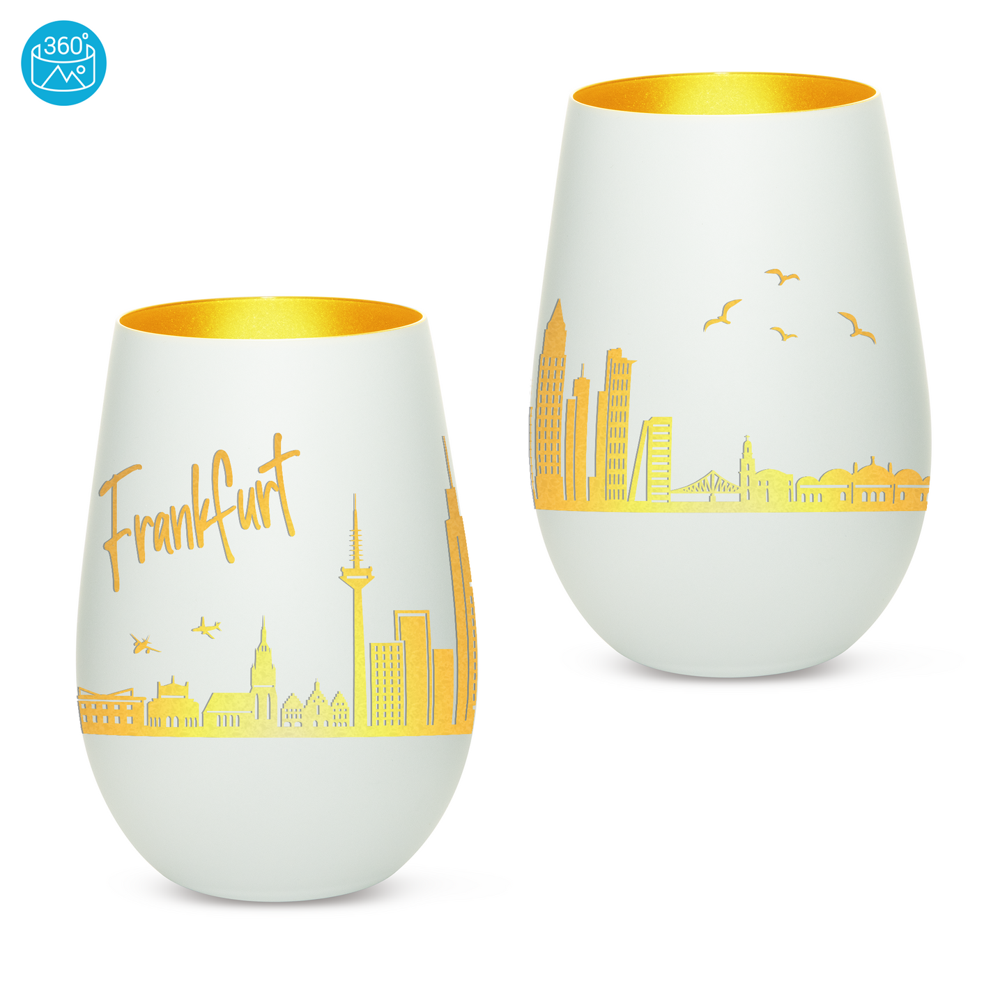 Hochwertiges Glas Windlicht mit Gravur "SKYLINE FRANKFURT" in der Farbe Weiß/Gold