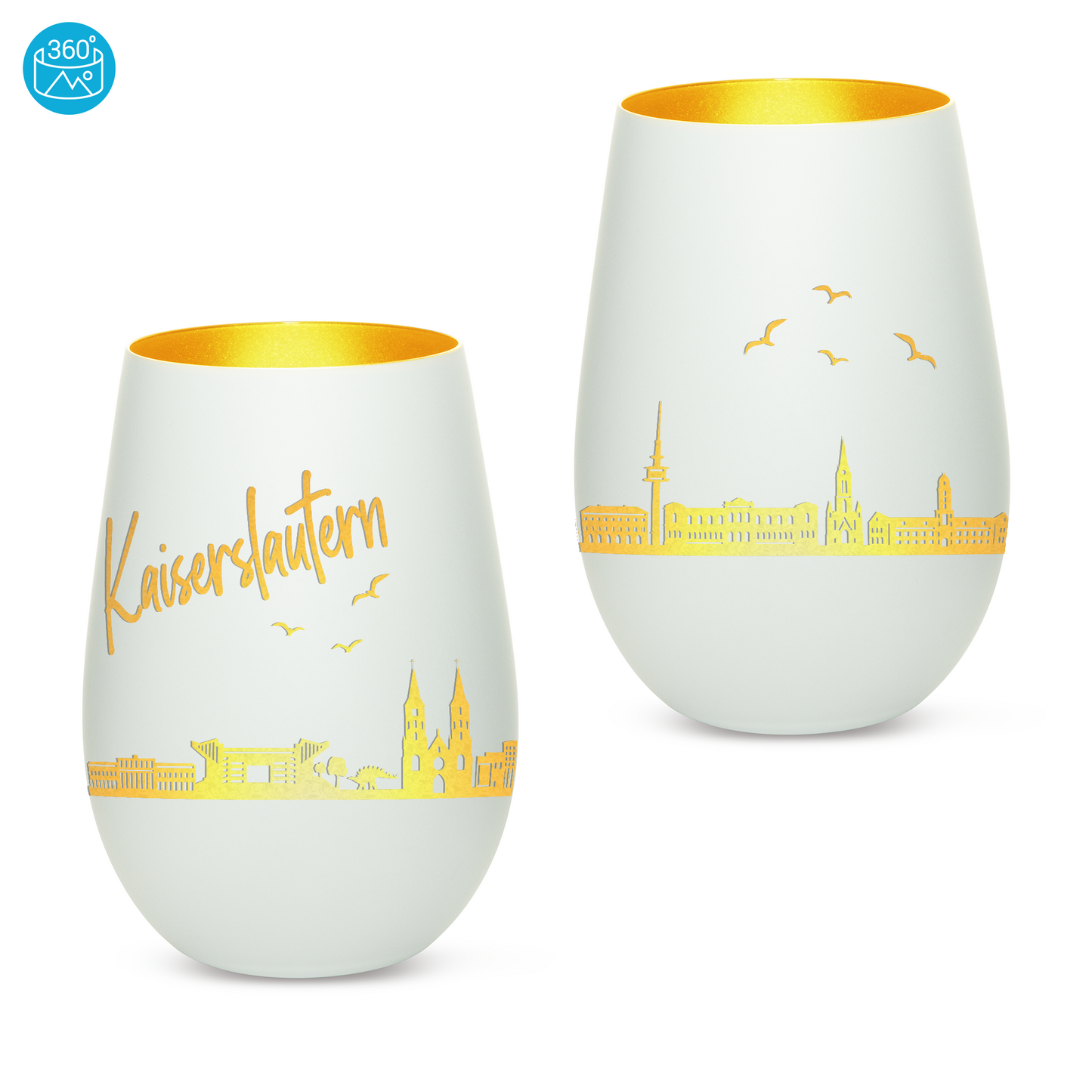 Hochwertiges Glas Windlicht mit Gravur "SKYLINE KAISERSLAUTERN" in der Farbe Weiß/Gold