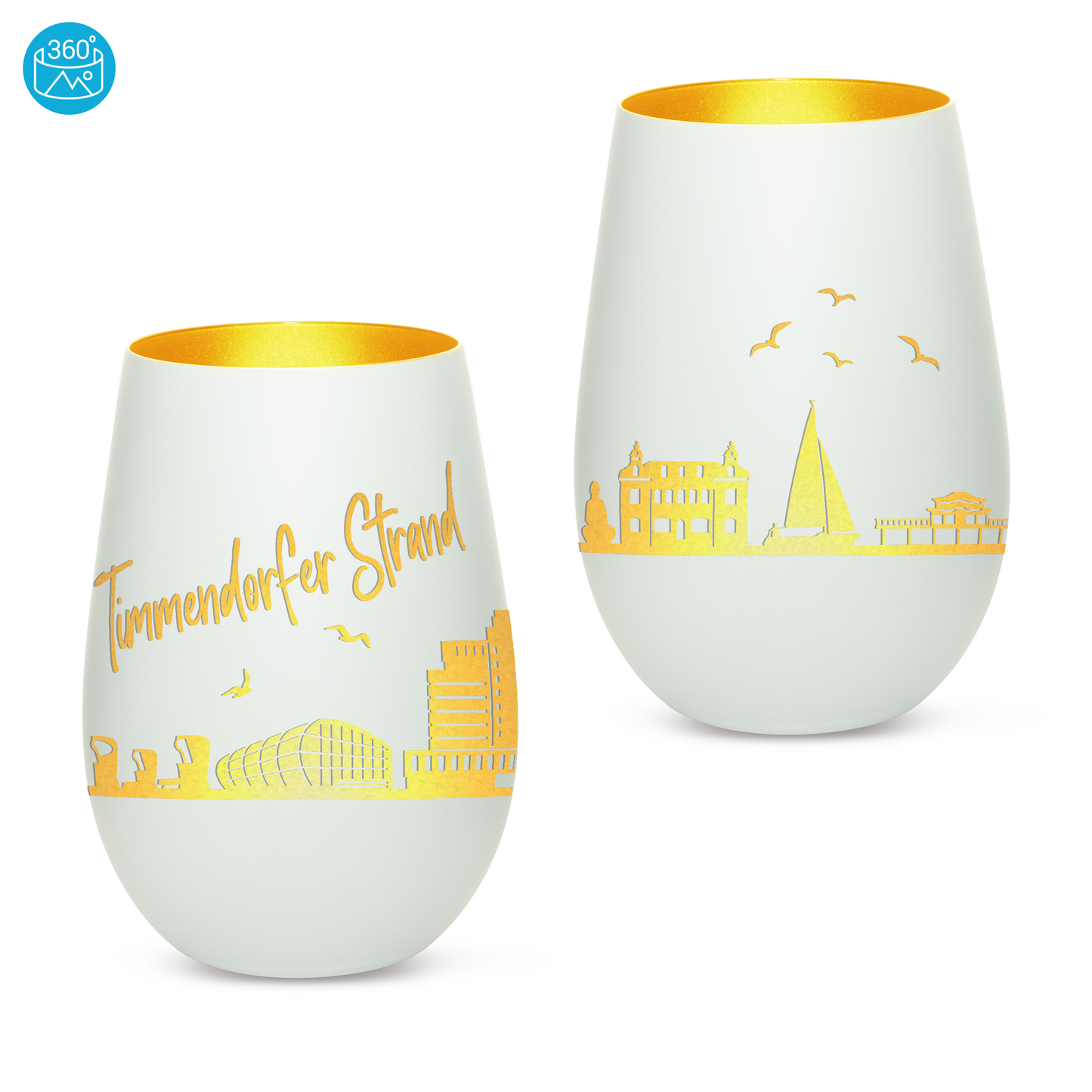 Hochwertiges Glas Windlicht mit Gravur "SKYLINE TIMMENDORFER STRAND" in der Farbe Weiß/Gold
