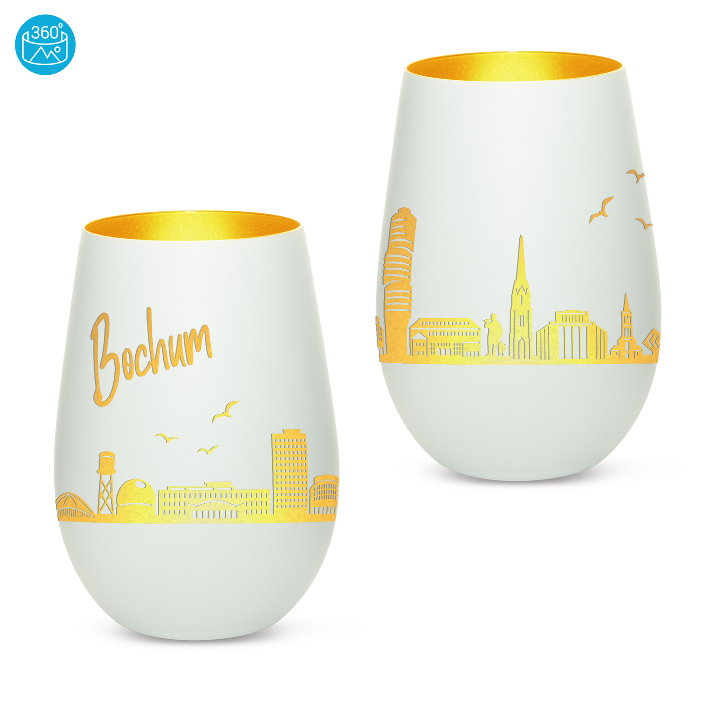 Hochwertiges Glas Windlicht mit Gravur "SKYLINE BOCHUM" in der Farbe Weiß/Gold