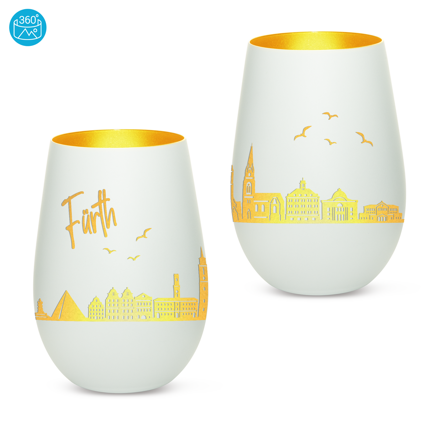 Hochwertiges Glas Windlicht mit Gravur "SKYLINE FÜRTH" in der Farbe Weiß/Gold