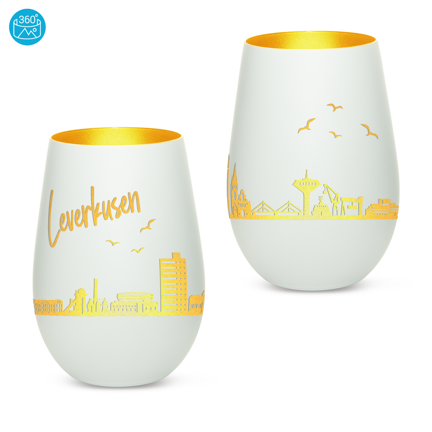 Hochwertiges Glas Windlicht mit Gravur "SKYLINE LEVERKUSEN" in der Farbe Weiß/Gold