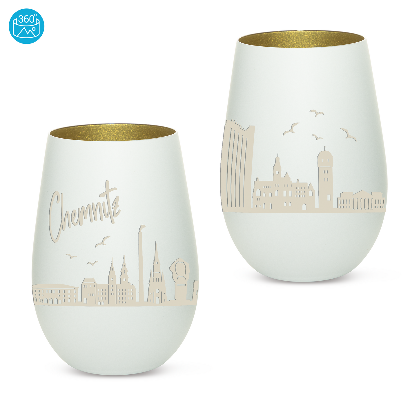 Hochwertiges Glas Windlicht mit Gravur "SKYLINE CHEMNITZ" in der Farbe Weiß/Gold