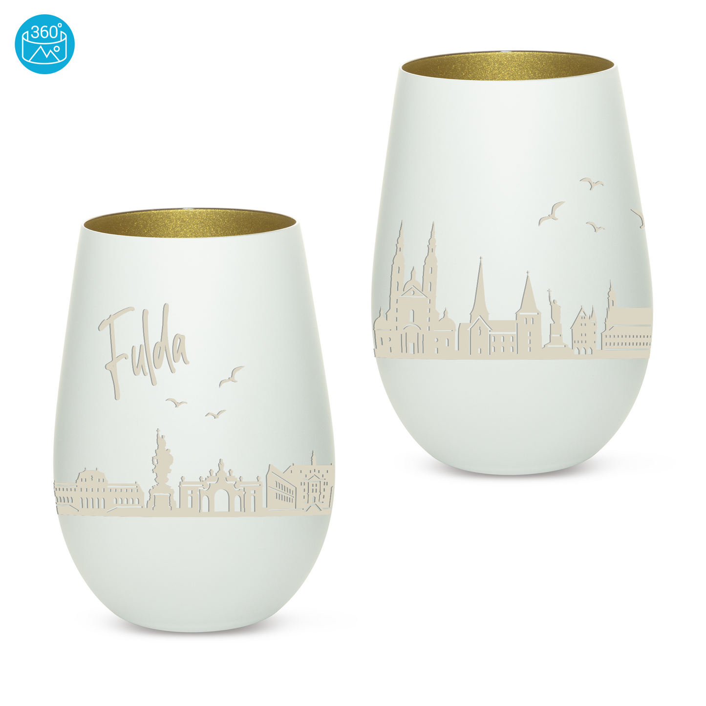 Hochwertiges Glas Windlicht mit Gravur "SKYLINE FULDA" in der Farbe Weiß/Gold