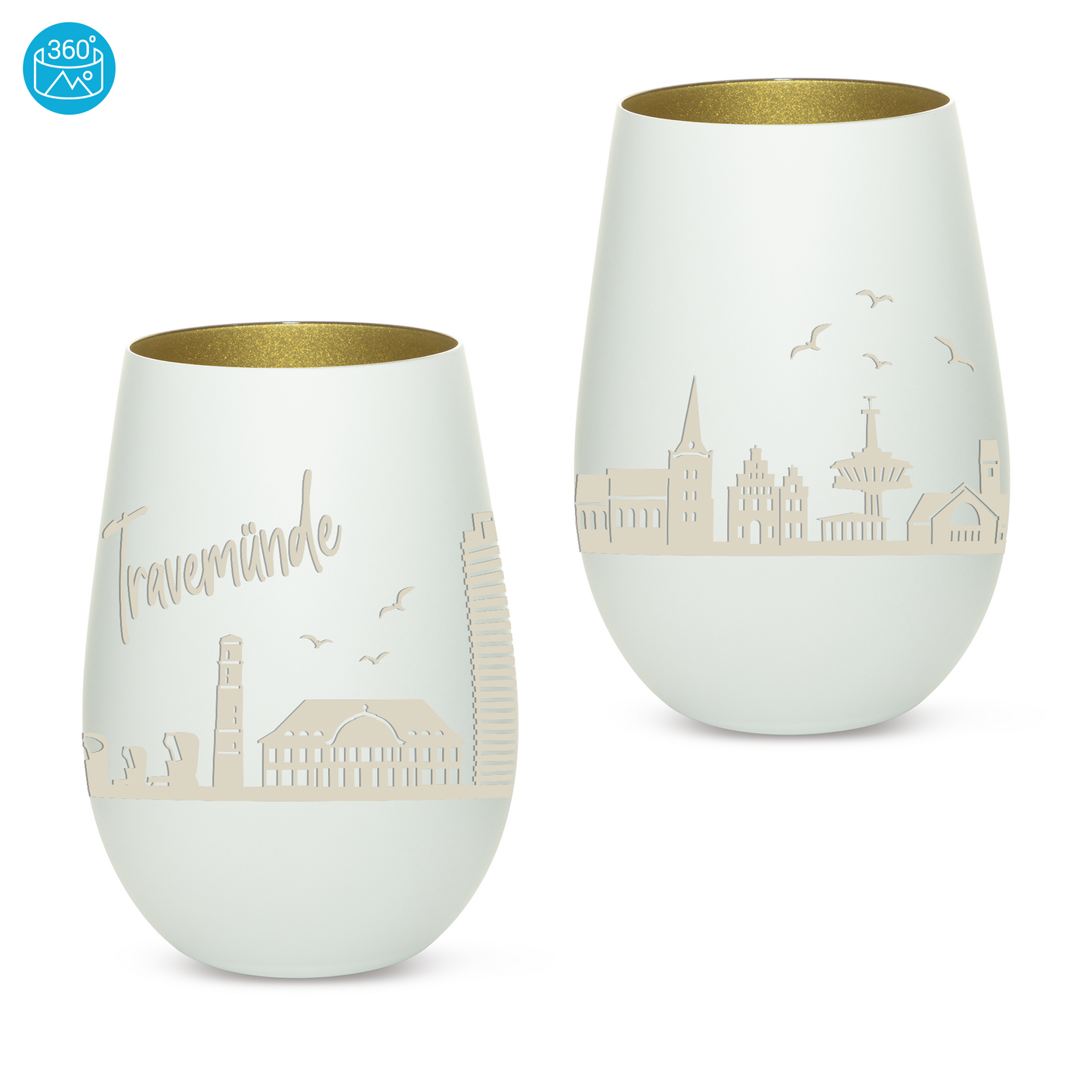 Hochwertiges Glas Windlicht mit Gravur "SKYLINE TRAVEMÜNDE" in der Farbe Weiß/Gold