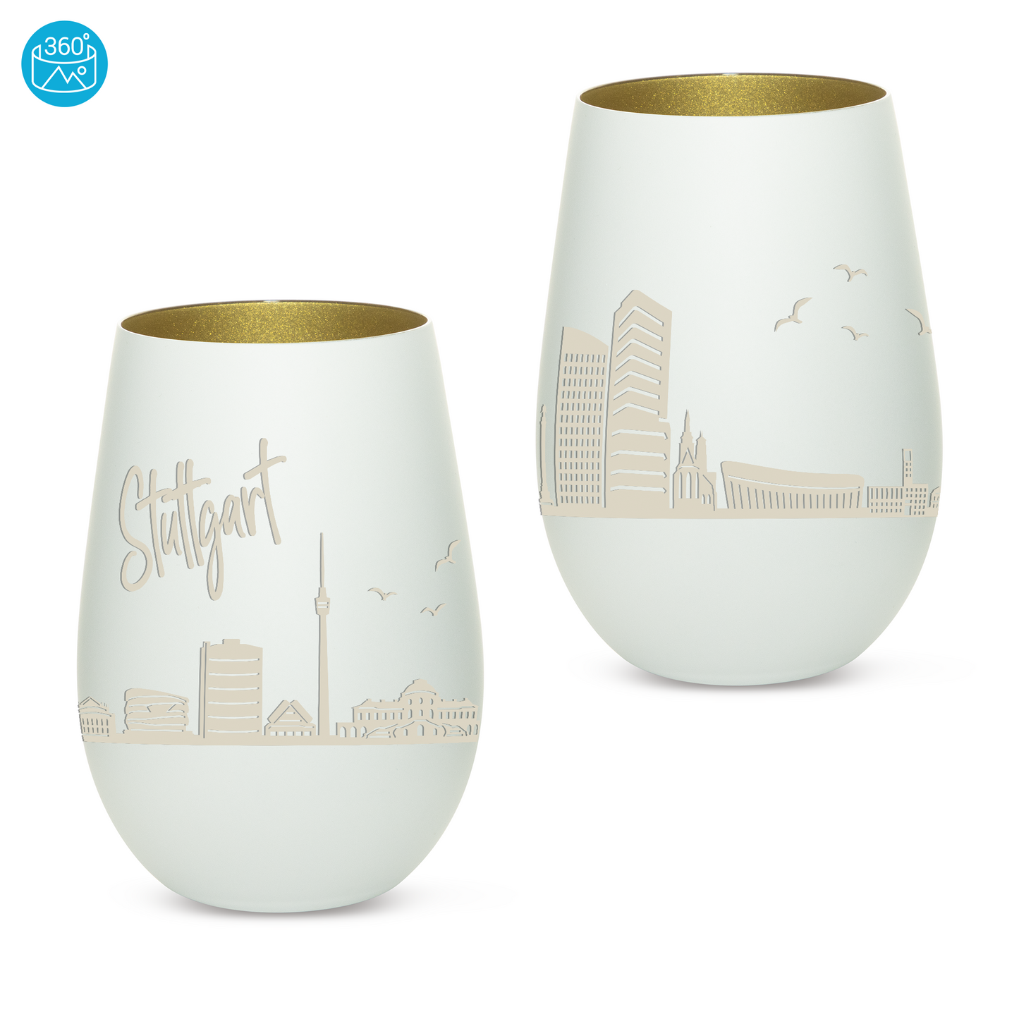 Hochwertiges Glas Windlicht mit Gravur "SKYLINE STUTTGART" in der Farbe Weiß/Gold