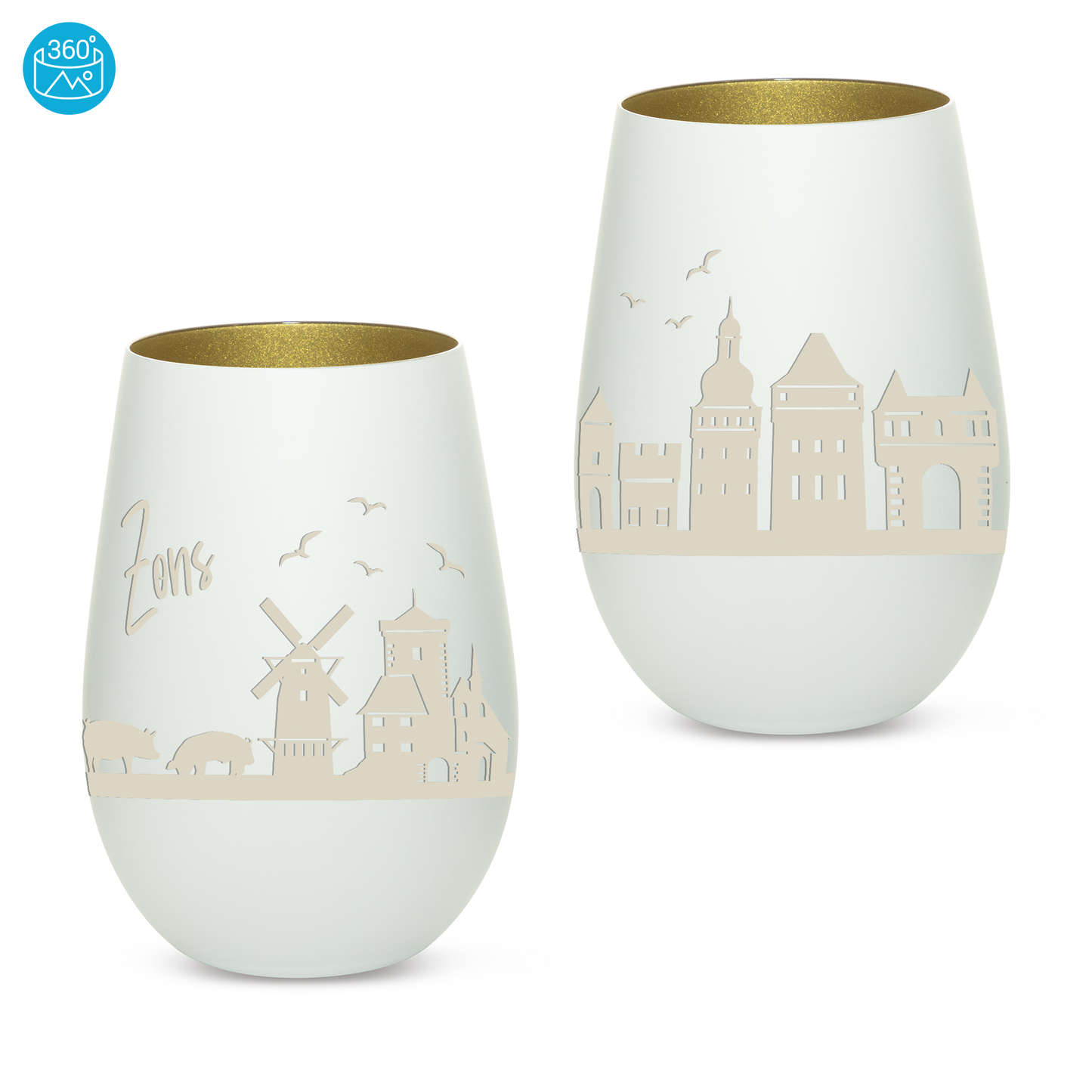 Hochwertiges Glas Windlicht mit Gravur "SKYLINE ZONS (DORMAGEN)" in der Farbe Weiß/Gold