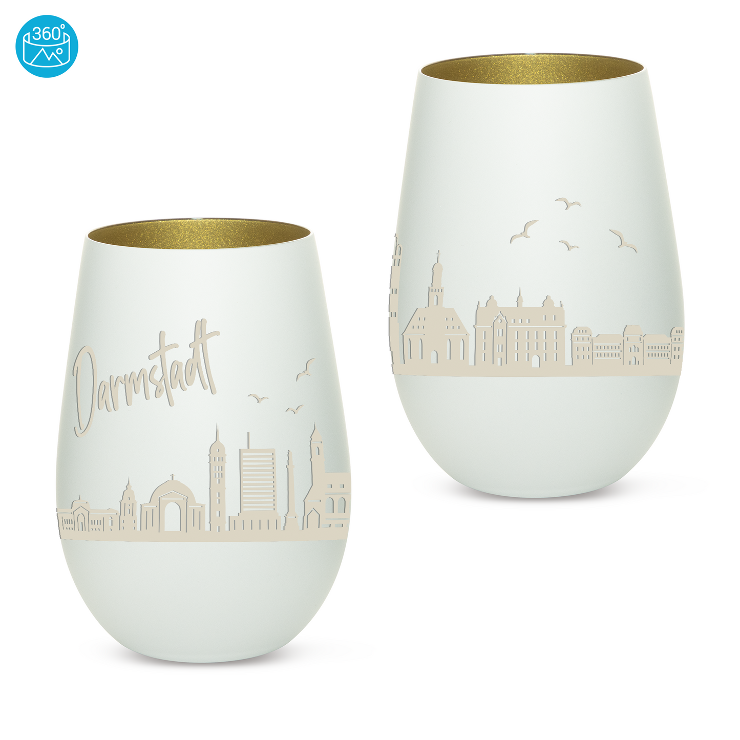 Hochwertiges Glas Windlicht mit Gravur "SKYLINE DARMSTADT" in der Farbe Weiß/Gold