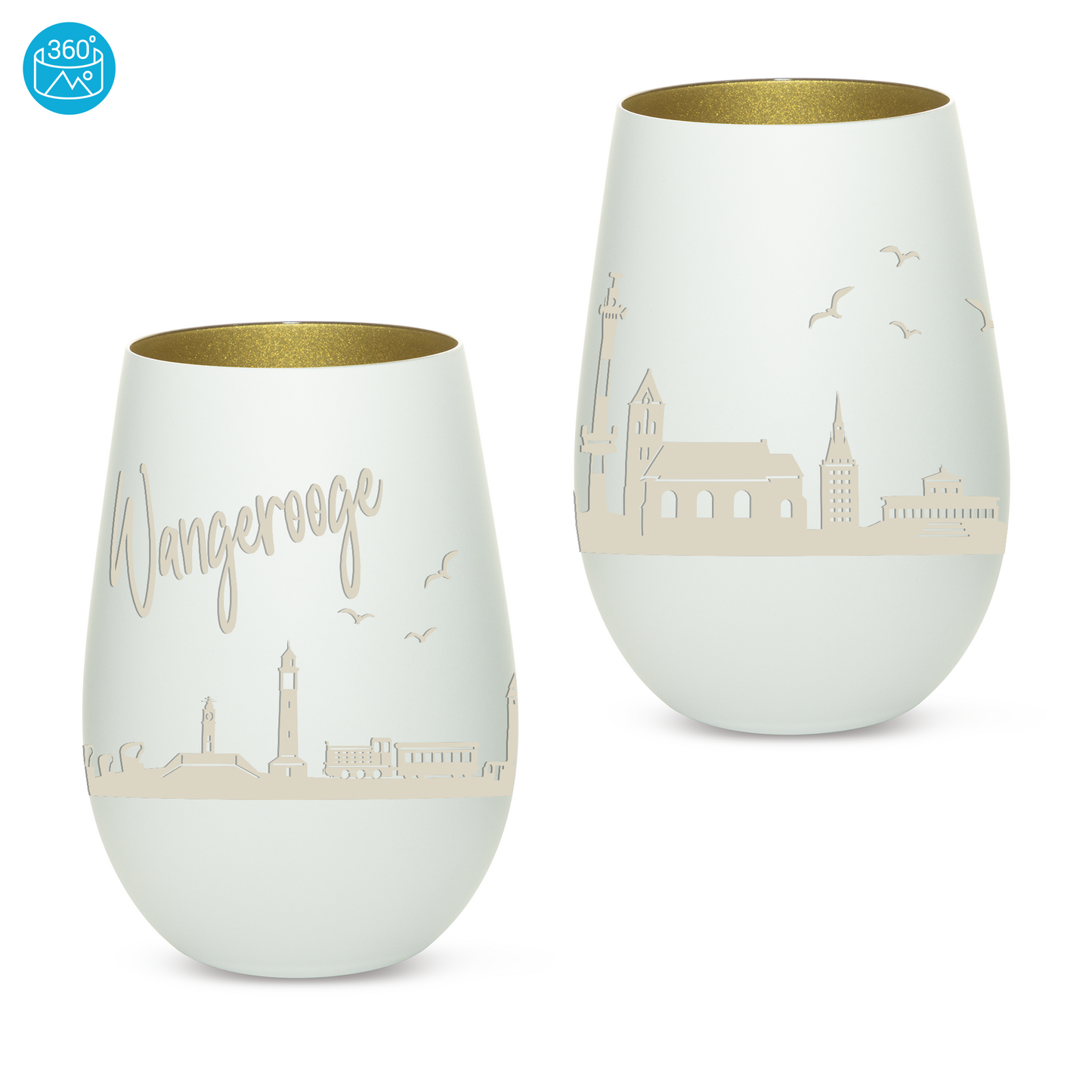 Hochwertiges Glas Windlicht mit Gravur "SKYLINE WANGEROOGE" in der Farbe Weiß/Gold