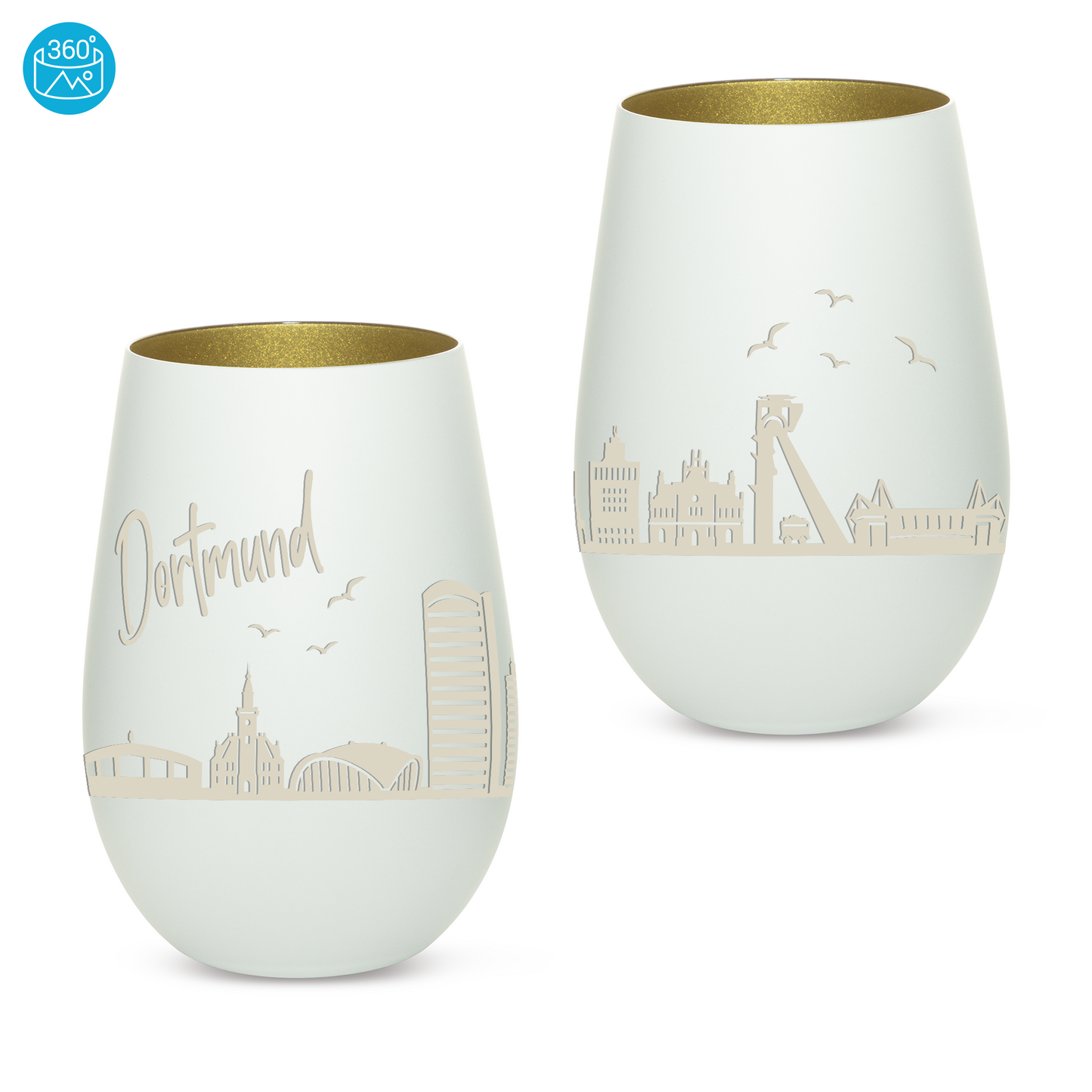 Hochwertiges Glas Windlicht mit Gravur "SKYLINE DORTMUND" in der Farbe Weiß/Gold