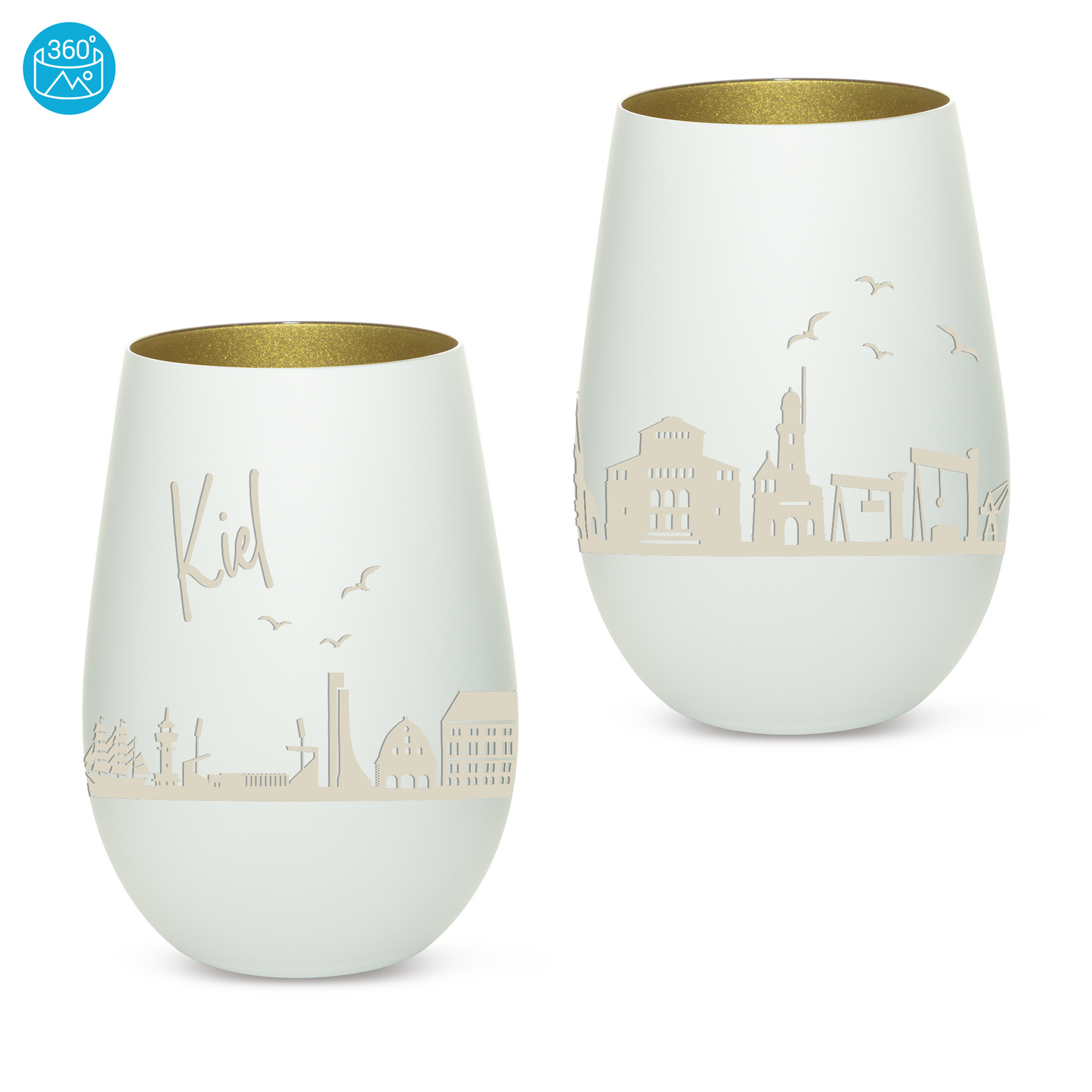 Hochwertiges Glas Windlicht mit Gravur "SKYLINE KIEL" in der Farbe Weiß/Gold