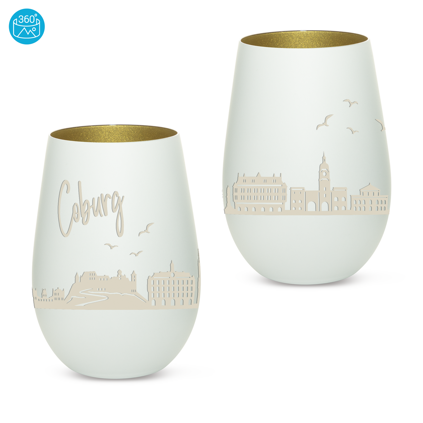 Hochwertiges Glas Windlicht mit Gravur "SKYLINE COBURG" in der Farbe Weiß/Gold