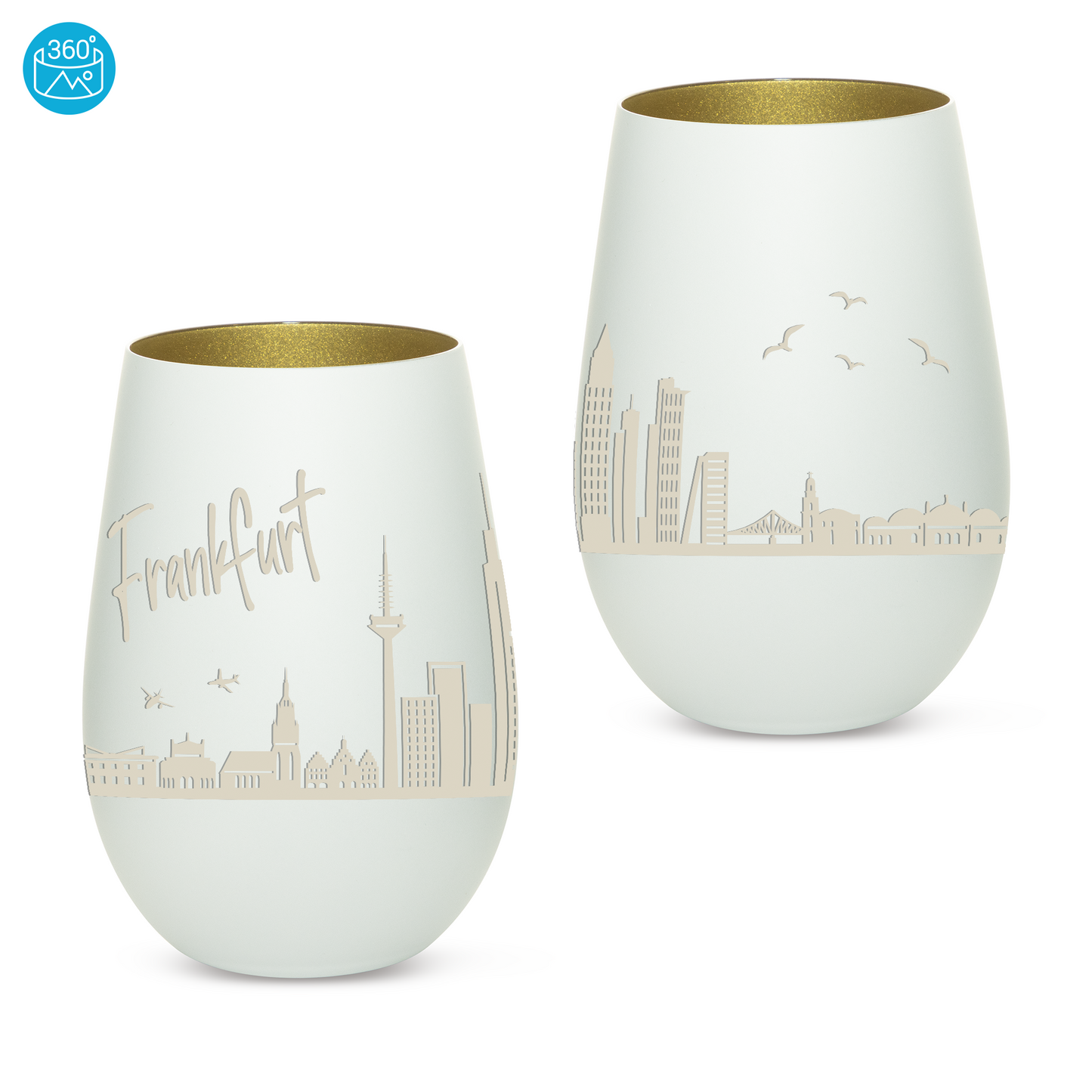Hochwertiges Glas Windlicht mit Gravur "SKYLINE FRANKFURT" in der Farbe Weiß/Gold