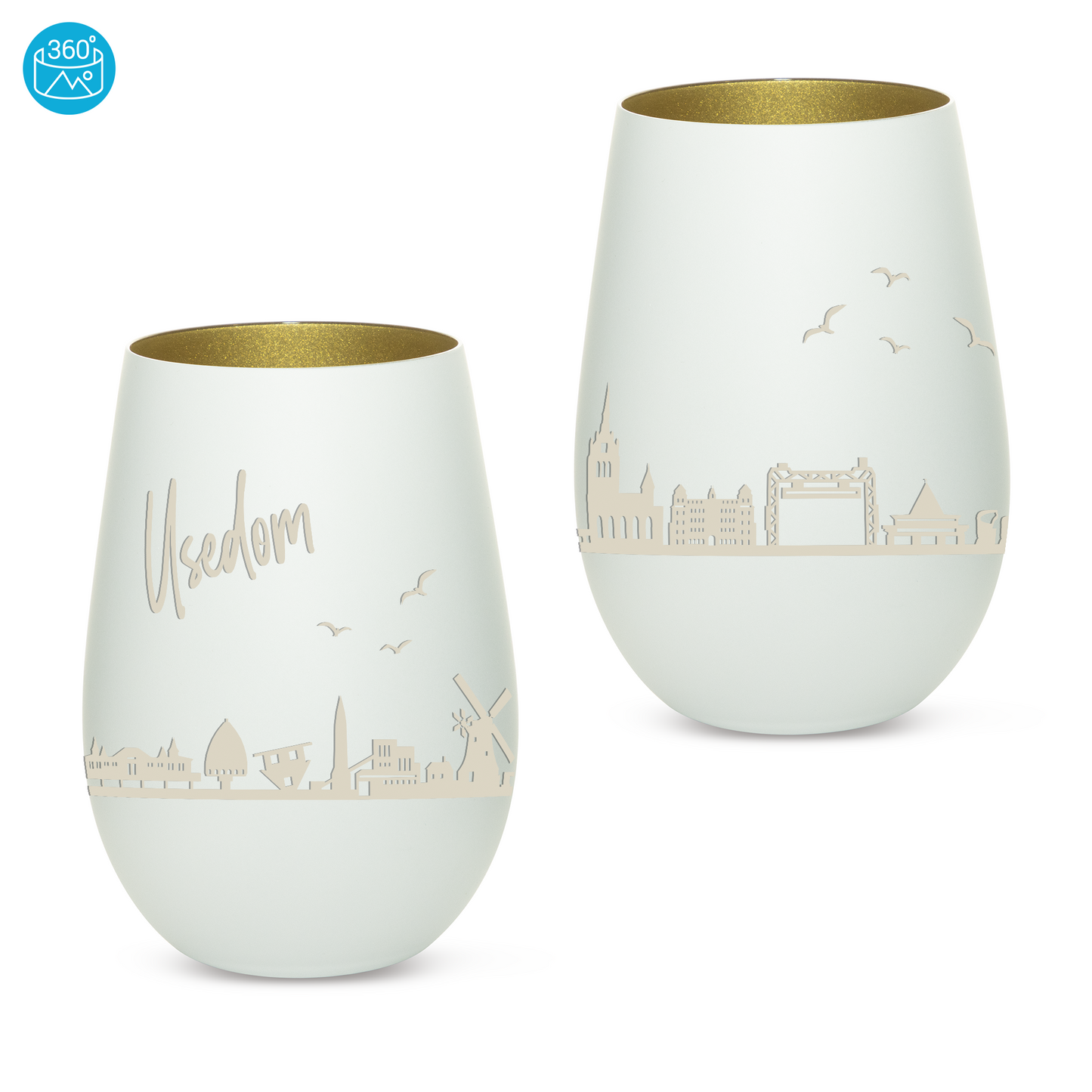 Hochwertiges Glas Windlicht mit Gravur "SKYLINE USEDOM" in der Farbe Weiß/Gold