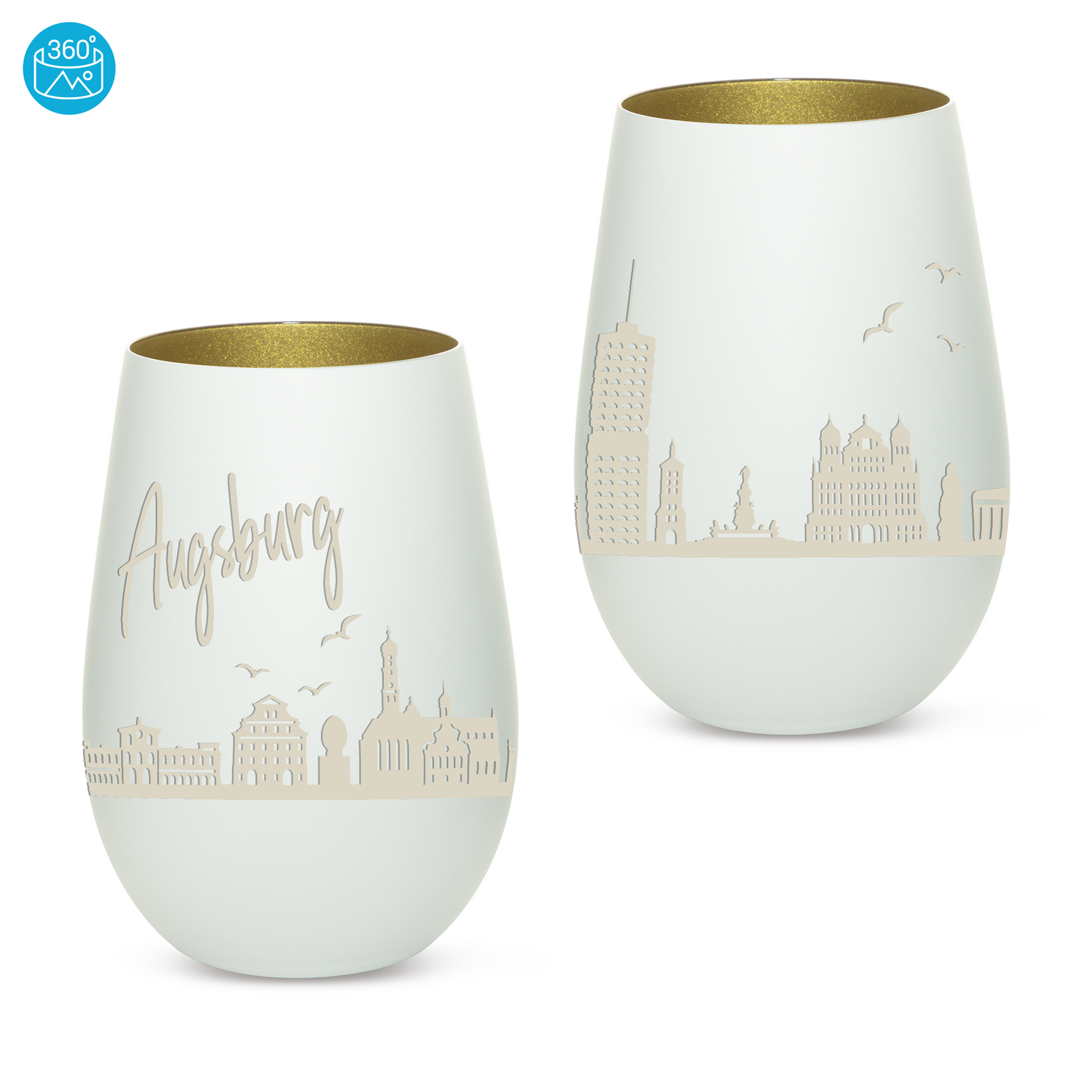 Hochwertiges Glas Windlicht mit Gravur "SKYLINE AUGSBURG" in der Farbe Weiß/Gold