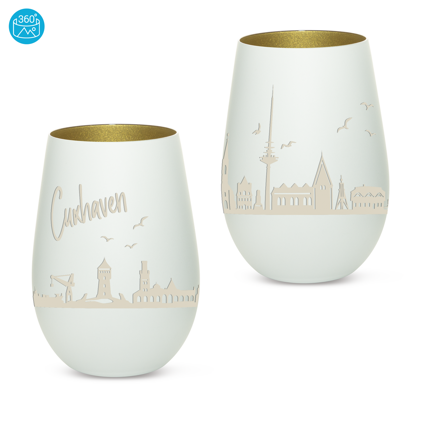 Hochwertiges Glas Windlicht mit Gravur "SKYLINE CUXHAVEN" in der Farbe Weiß/Gold