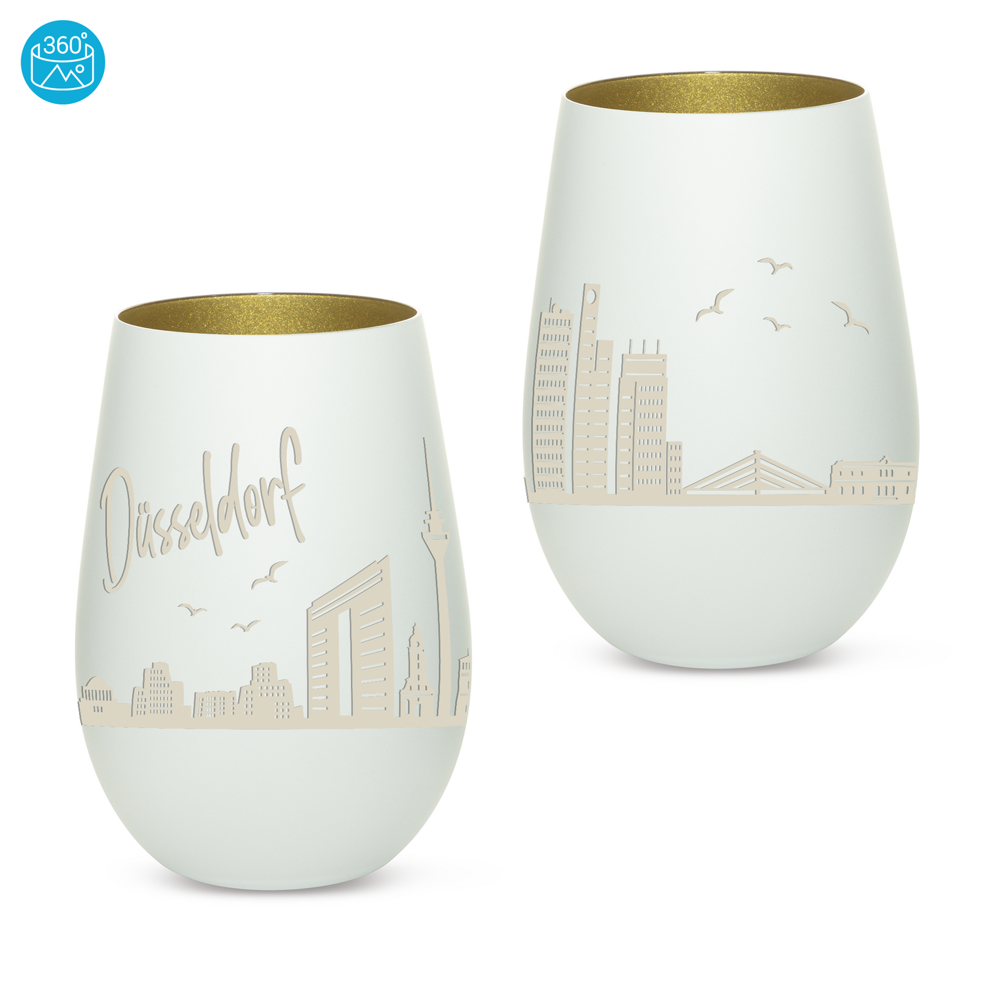 Hochwertiges Glas Windlicht mit Gravur "SKYLINE DÜSSELDORF" in der Farbe Weiß/Gold