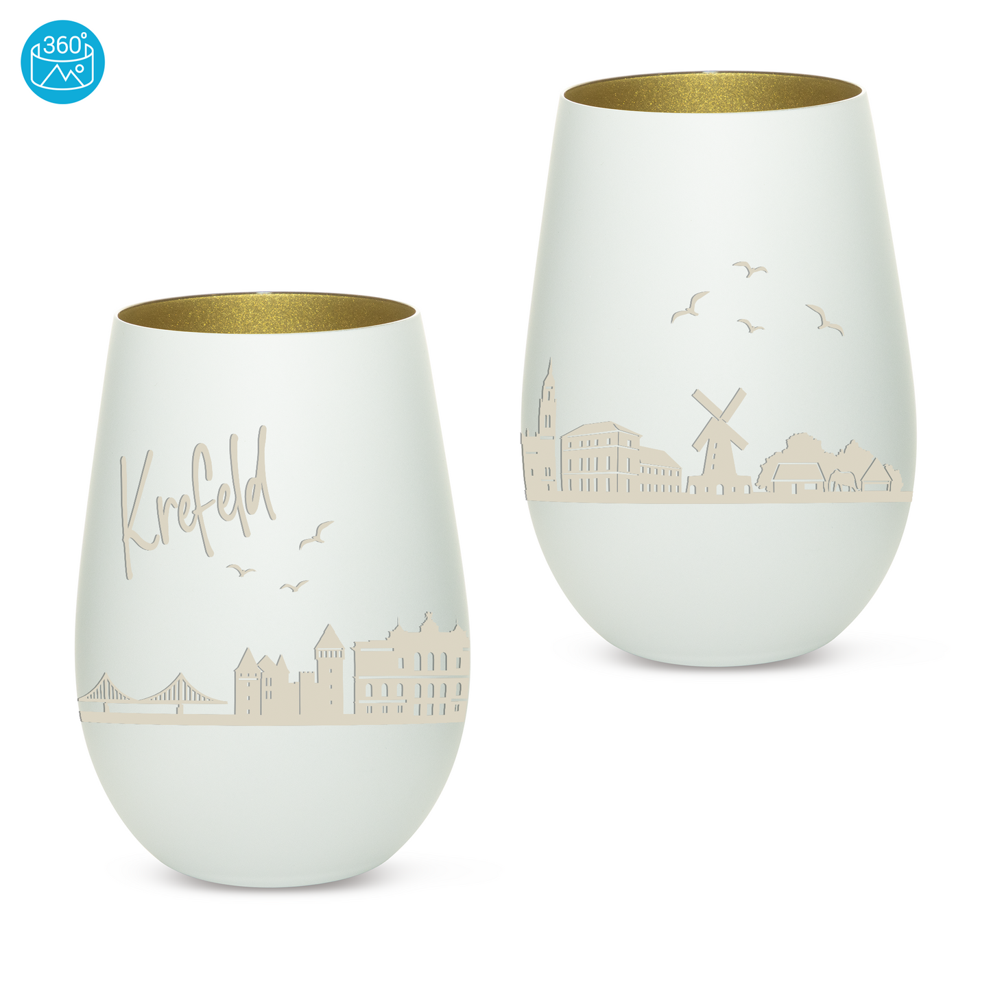 Hochwertiges Glas Windlicht mit Gravur "SKYLINE KREFELD" in der Farbe Weiß/Gold