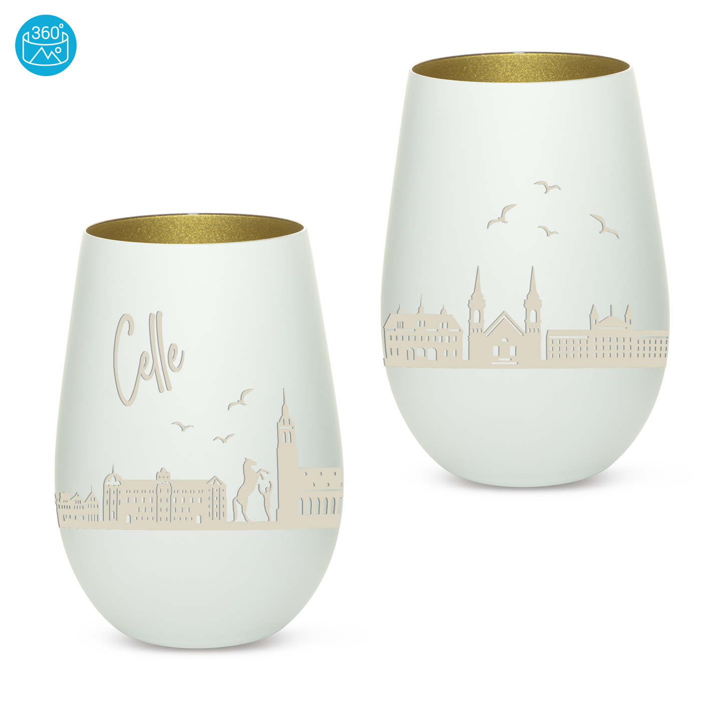 Hochwertiges Glas Windlicht mit Gravur "SKYLINE CELLE" in der Farbe Weiß/Gold