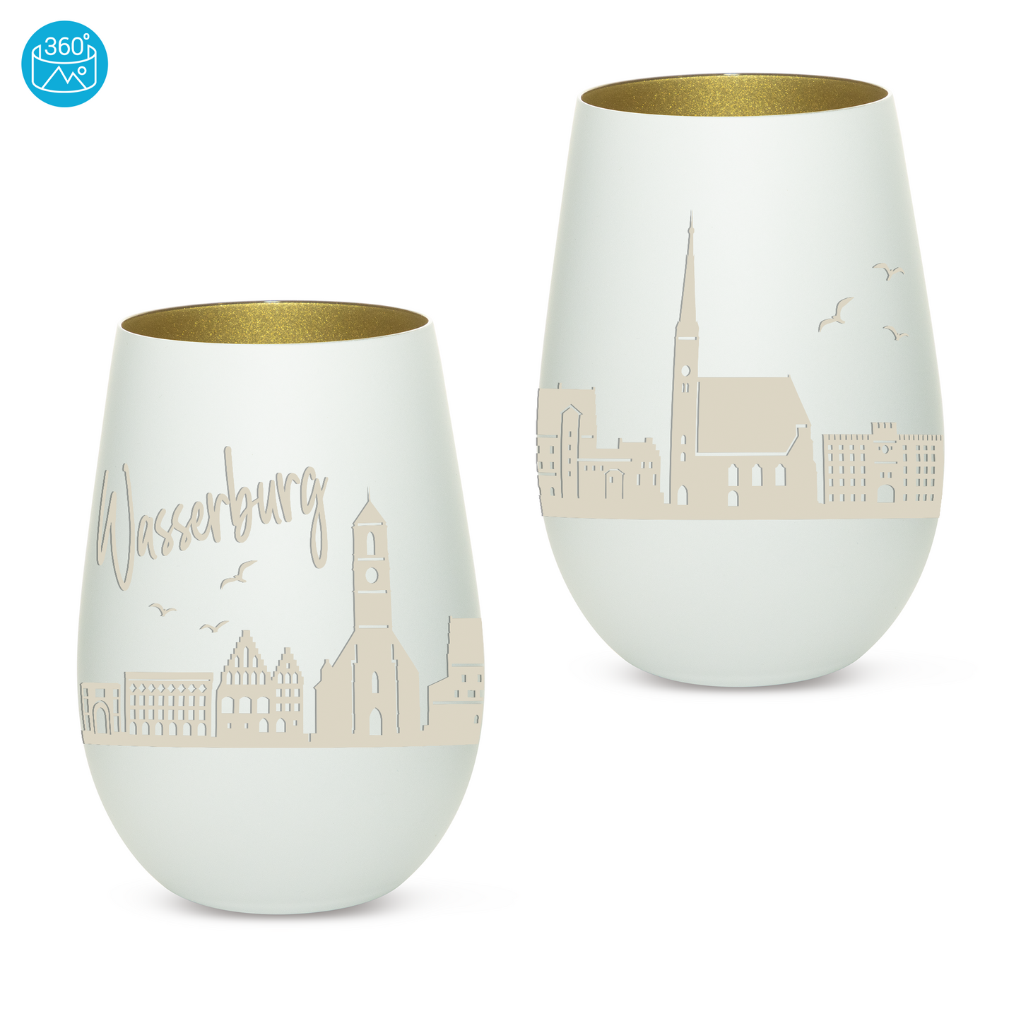 Hochwertiges Glas Windlicht mit Gravur "SKYLINE WASSERBURG" in der Farbe Weiß/Gold