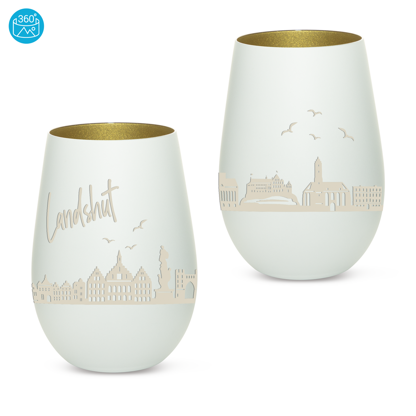 Hochwertiges Glas Windlicht mit Gravur "SKYLINE LANDSHUT" in der Farbe Weiß/Gold