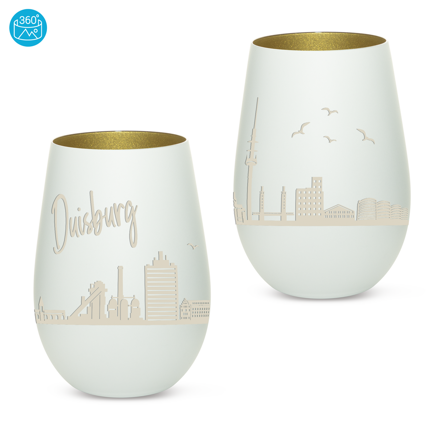 Hochwertiges Glas Windlicht mit Gravur "SKYLINE DUISBURG" in der Farbe Weiß/Gold