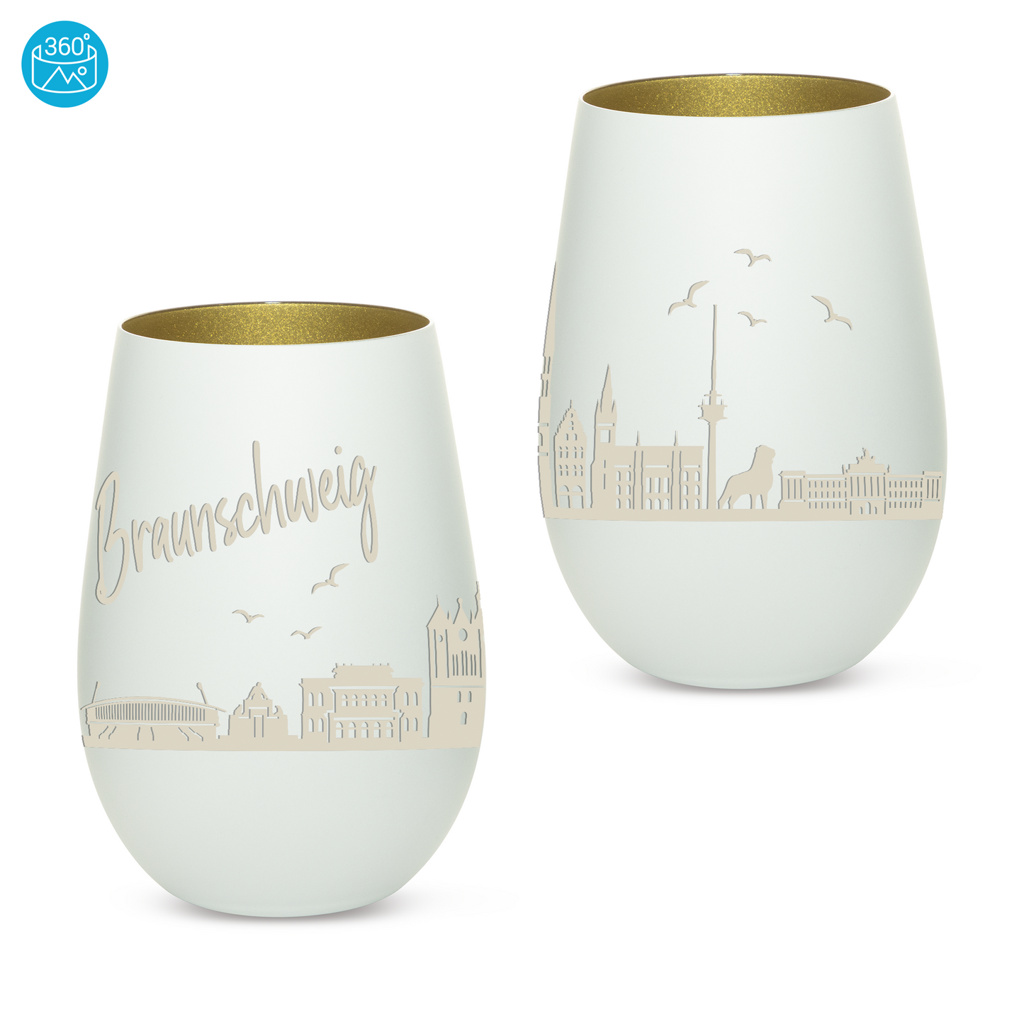 Hochwertiges Glas Windlicht mit Gravur "SKYLINE BRAUNSCHWEIG" in der Farbe Weiß/Gold