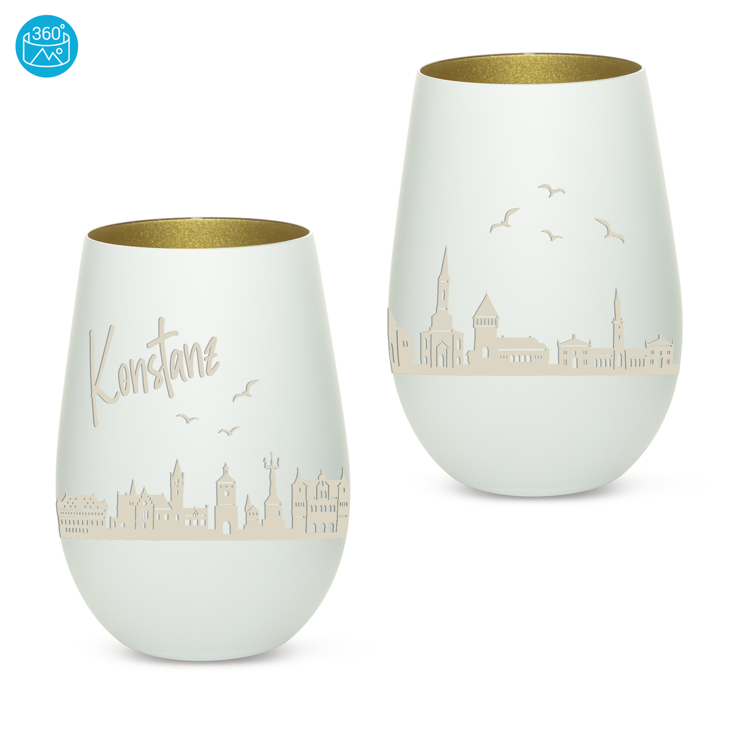 Hochwertiges Glas Windlicht mit Gravur "SKYLINE KONSTANZ" in der Farbe Weiß/Gold