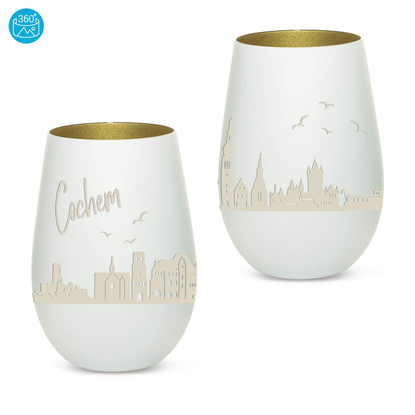 Hochwertiges Glas Windlicht mit Gravur "SKYLINE COCHEM" in der Farbe Weiß/Gold