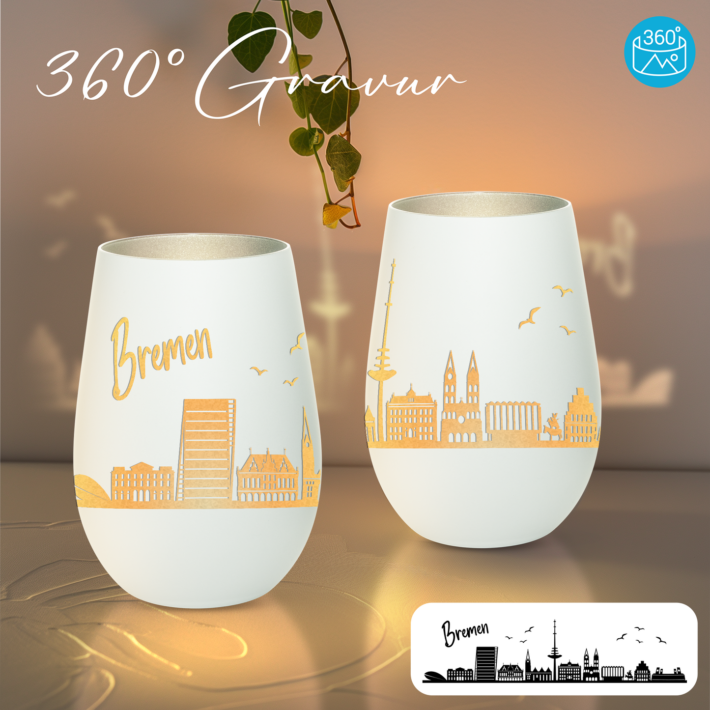 Hochwertiges Glas Windlicht mit Gravur "SKYLINE BREMEN" in der Farbe Weiß/Silber